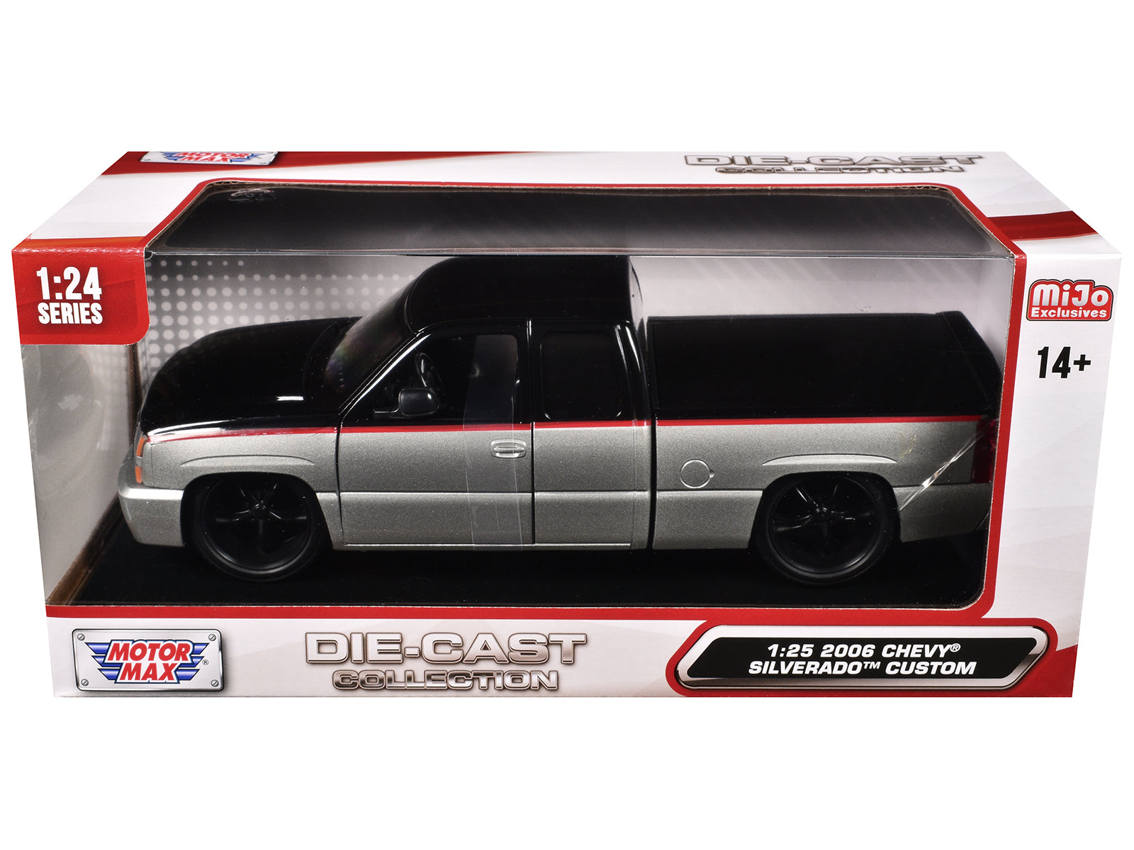2006 Chevrolet Silverado Custom Pickup Truck Silver Metallic and Black with Red Stripes "Die-Cast Collection" Series 1/25 Diecast Model Car by Motormax