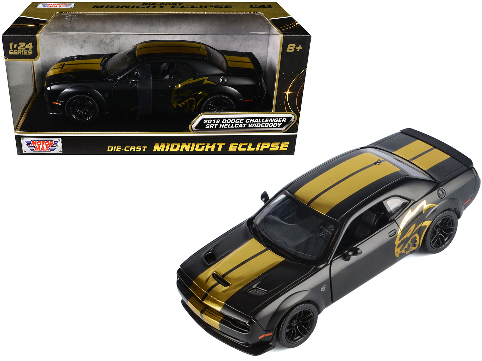 2018 Dodge Challenger SRT Hellcat Widebody Matt Black with Gold Stripes and Graphics "Midnight Eclipse" Series 1/24 Diecast Model Car by Motormax