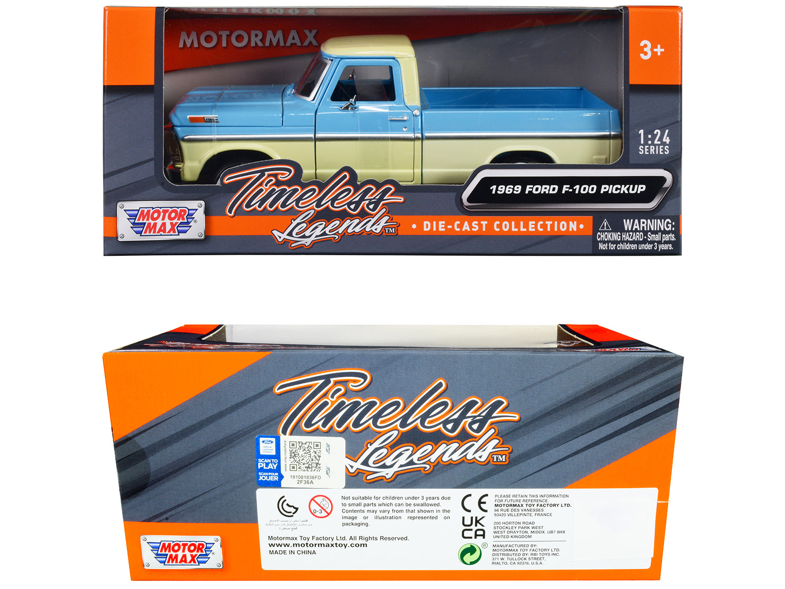 1969 Ford F-100 Pickup Truck Light Blue and Cream "Timeless Legends" Series 1/24 Diecast Model Car by Motormax