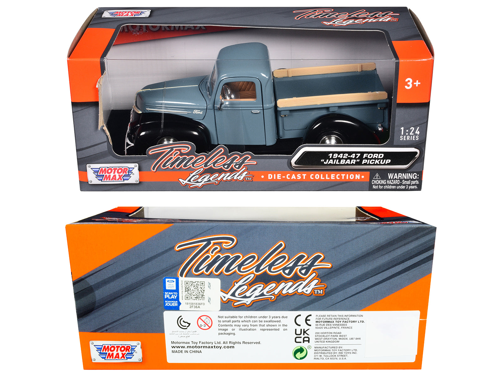1942-47 Ford "Jailbar" Pickup Truck Blue and Black "Timeless Legends" Series 1/24 Diecast Model Car by Motormax