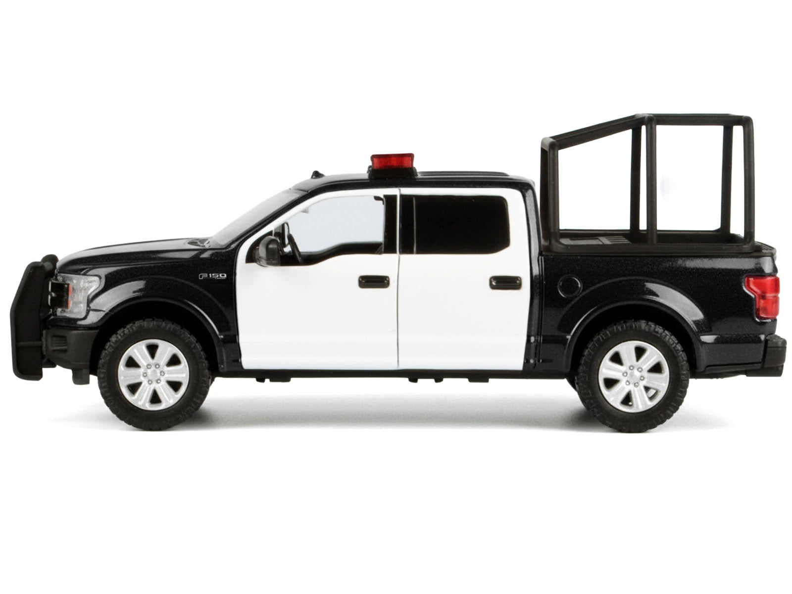 2019 Ford F-150 Lariat Crew Cab Pickup Truck with Bed Cage Black and White with Flashing Light Bar and Front and Rear Lights and Sounds 1/24-1/27 Diecast Model Car by Motormax