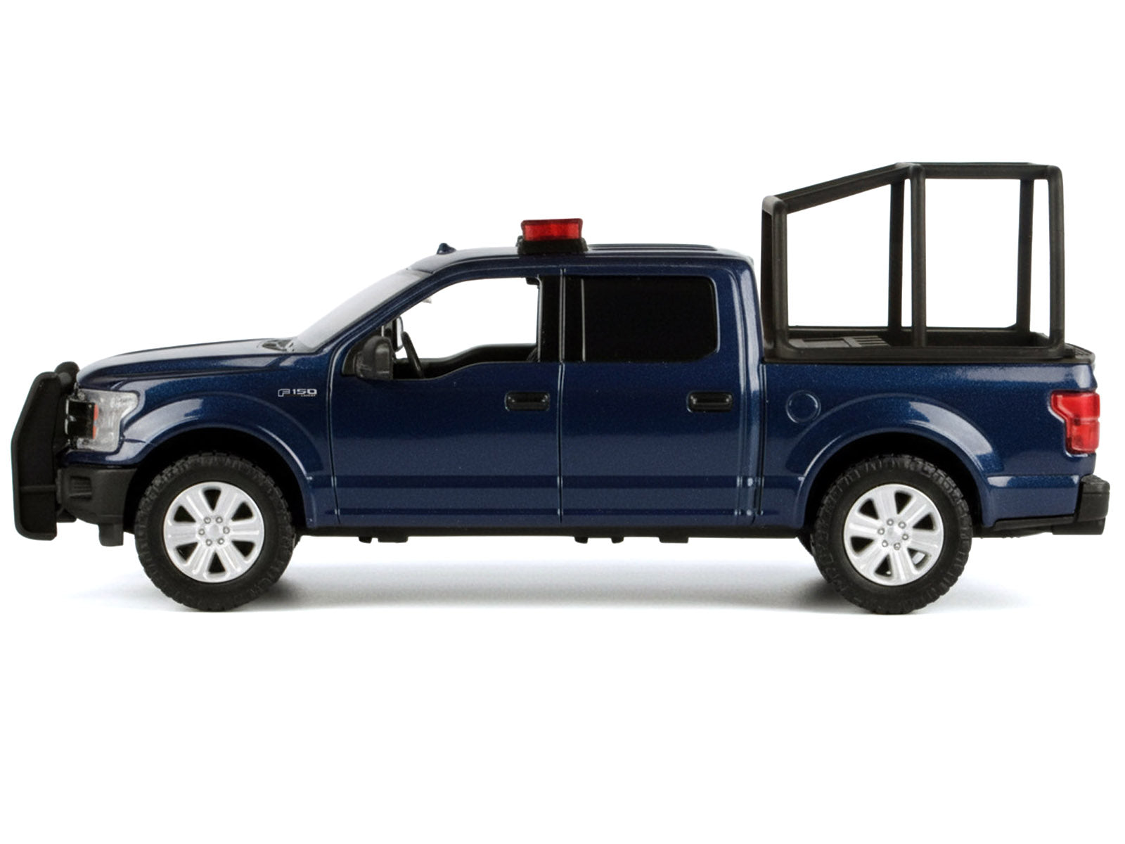 2019 RAM 1500 Laramie Crew Cab Pickup Truck with Bed Cage Dark Blue with Flashing Light Bar and Front and Rear Lights and Sounds 1/24-1/27 Diecast Model Car by Motormax