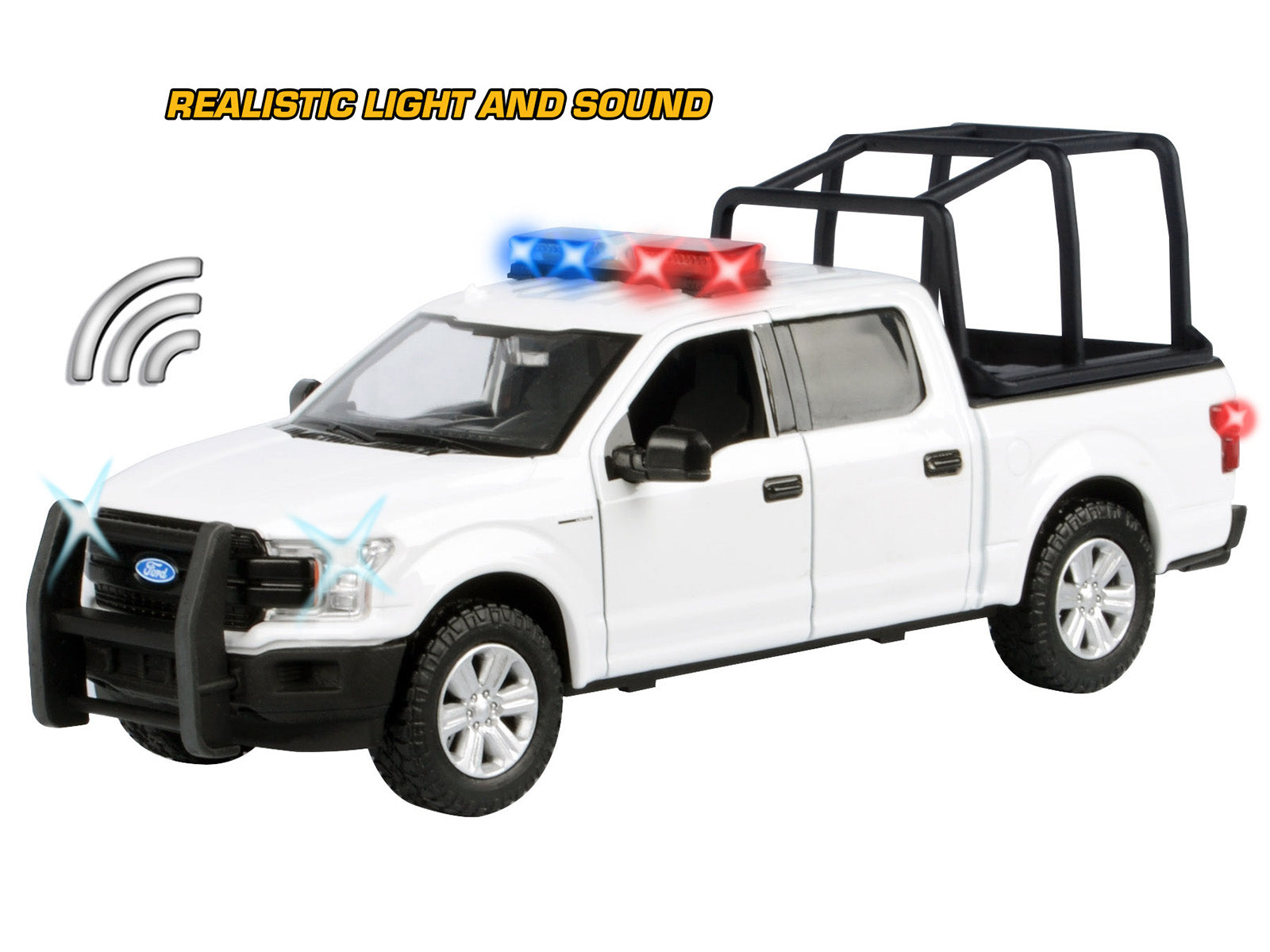 2019 Ford F-150 Lariat Crew Cab Pickup Truck with Bed Cage White with Flashing Light Bar and Front and Rear Lights and Sounds 1/24-1/27 Diecast Model Car by Motormax