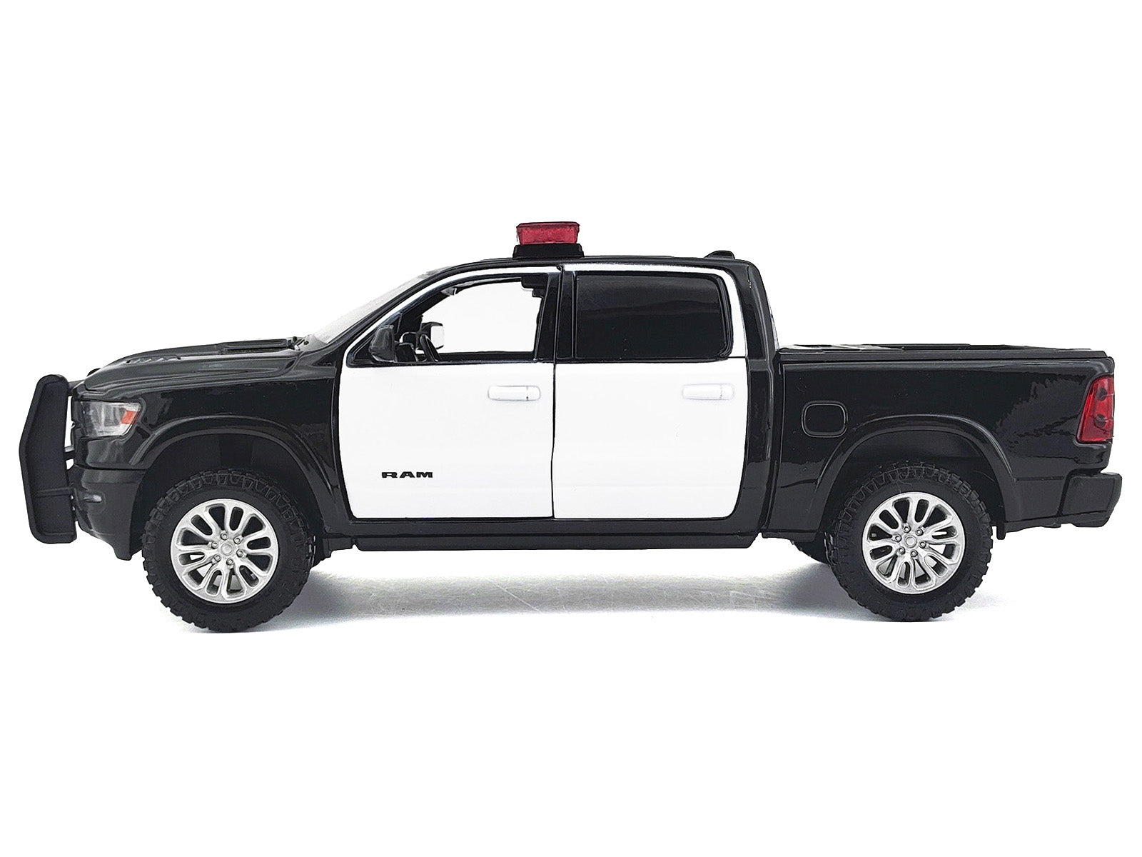 2019 RAM 1500 Laramie Crew Cab Pickup Truck Black and White with Flashing Light Bar and Front and Rear Lights and Sounds 1/24-1/27 Diecast Model Car by Motormax