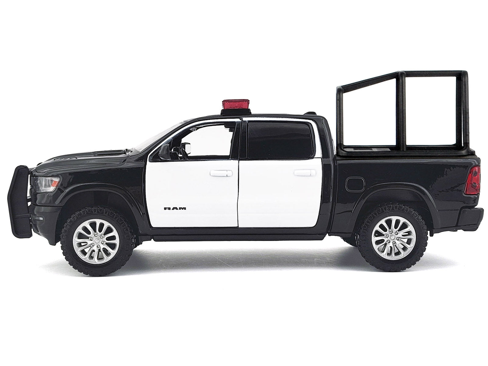 2019 RAM 1500 Laramie Crew Cab Pickup Truck with Bed Cage Black and White with Flashing Light Bar and Front and Rear Lights and Sounds 1/24-1/27 Diecast Model Car by Motormax
