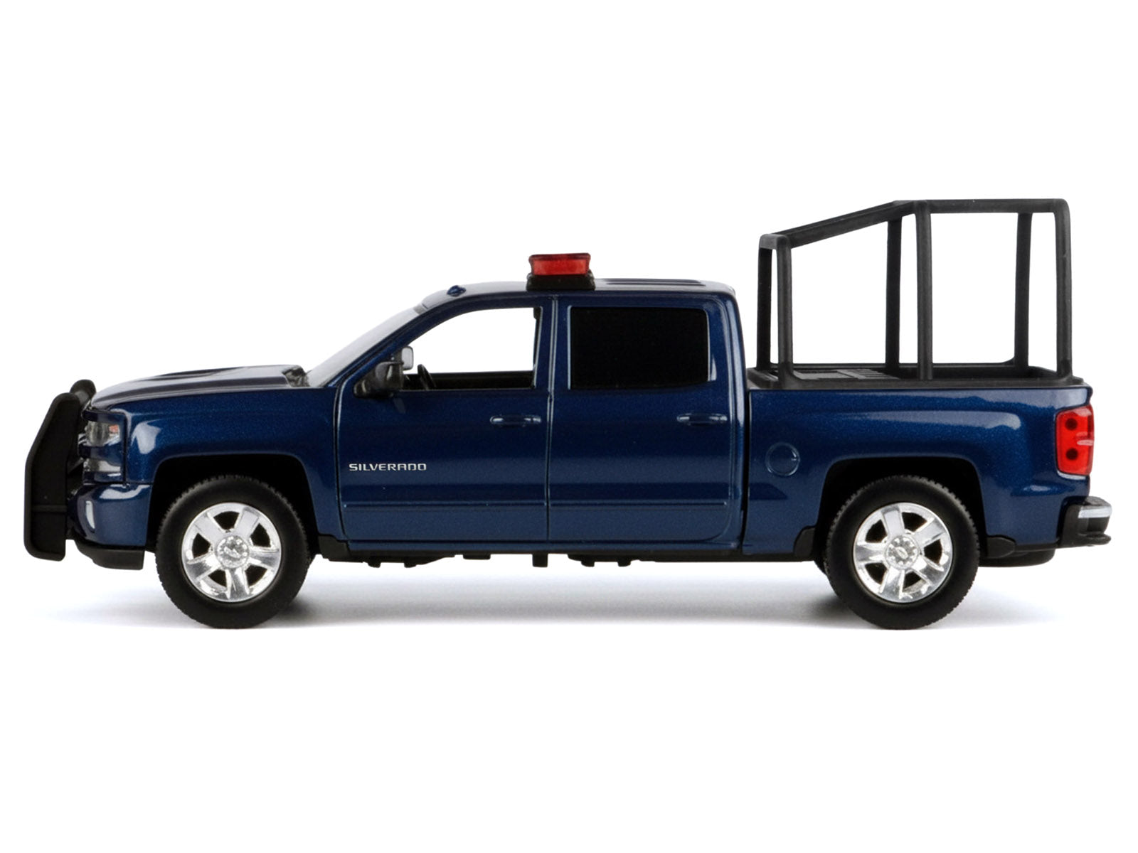 2017 Chevrolet Silverado 1500 LT Z71 Crew Cab Pickup Truck with Bed Cage Dark Blue with Flashing Light Bar and Front and Rear Lights and Sounds 1/24-1/27 Diecast Model Car by Motormax