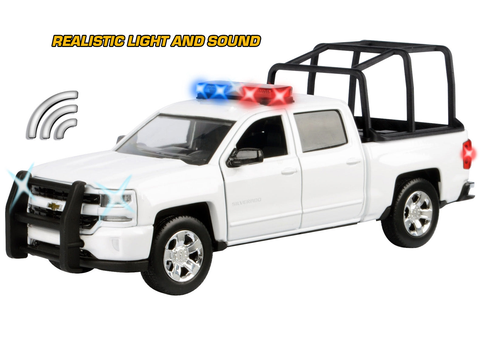 2017 Chevrolet Silverado 1500 LT Z71 Crew Cab Pickup Truck with White with Flashing Light Bar and Front and Rear Lights and Sounds 1/24-1/27 Diecast Model Car by Motormax