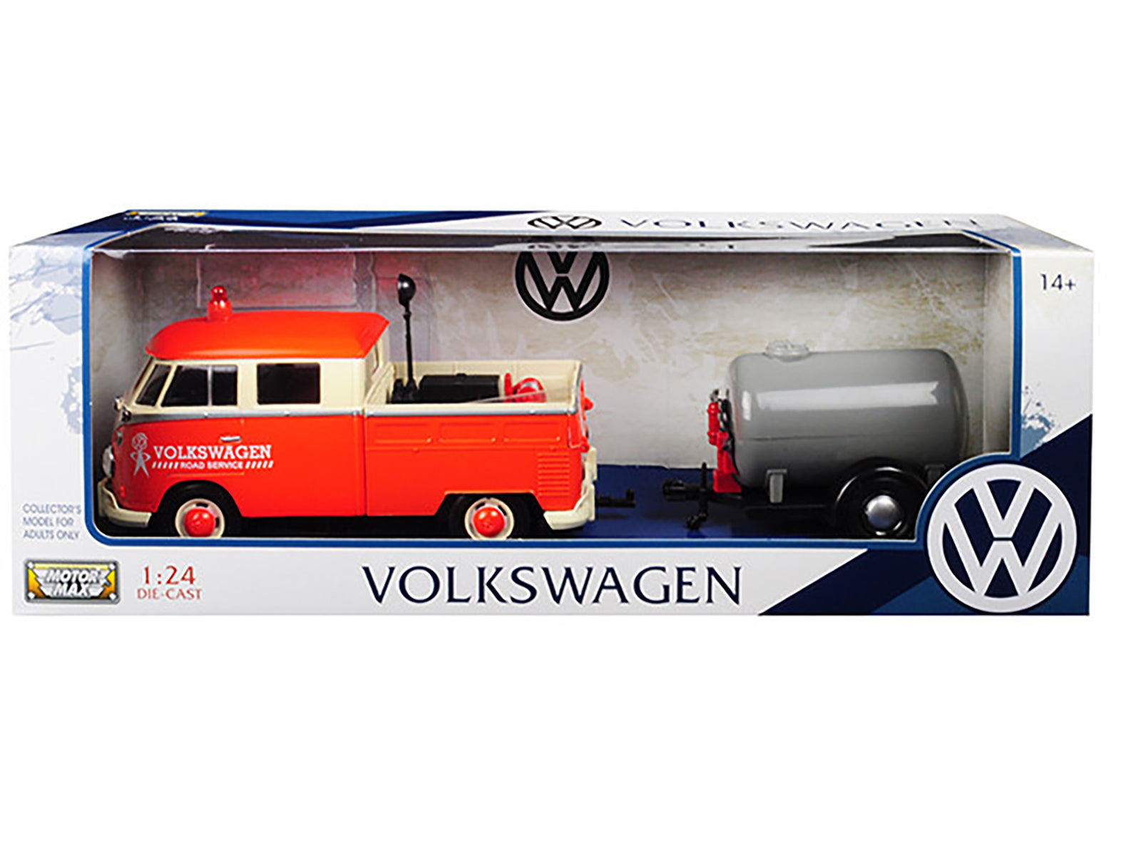 Volkswagen Type 2 (T1) Pickup Truck Orange and Cream with Oil Trailer "Road Service" 1/24 Diecast Model Car by Motormax