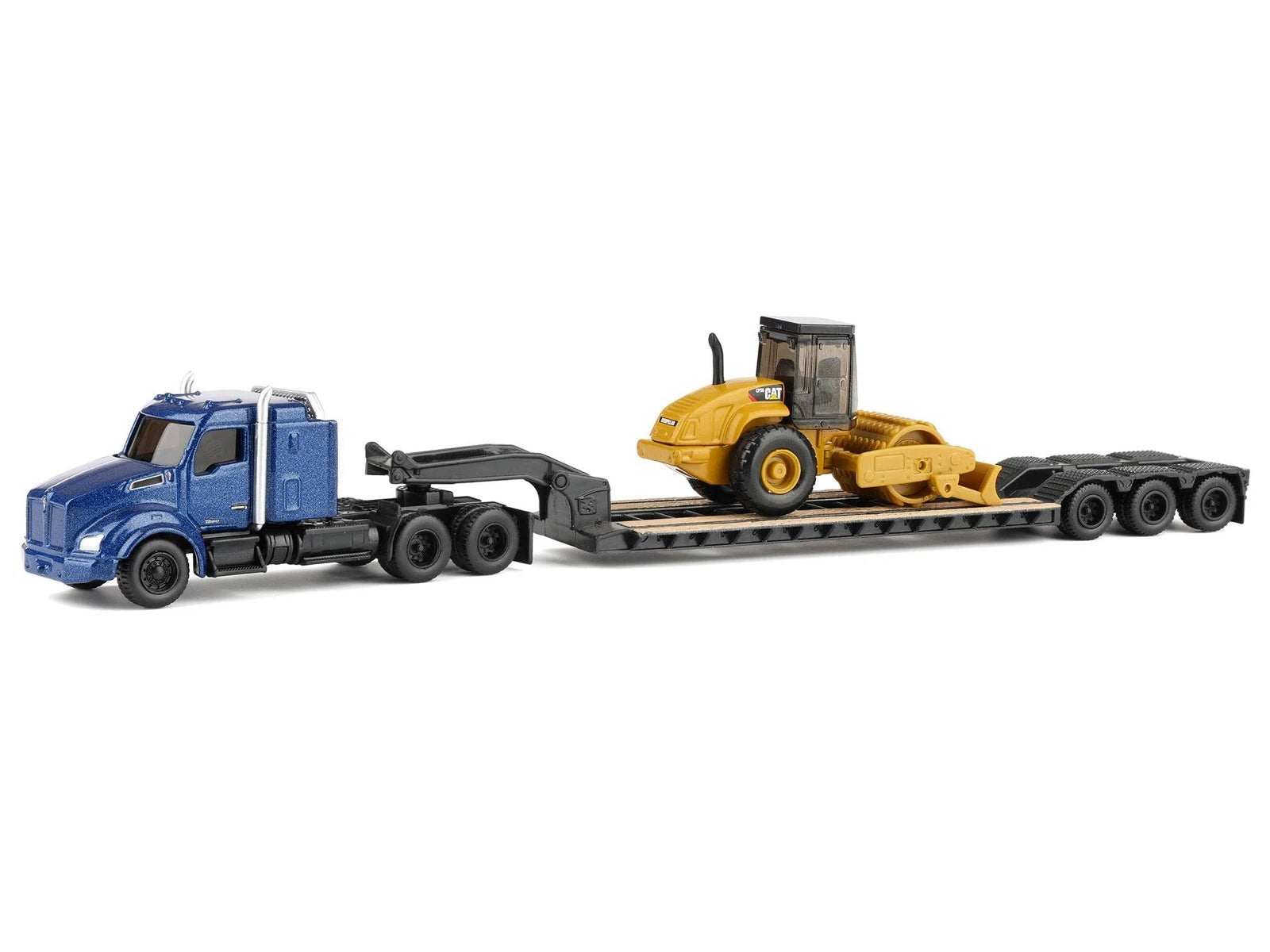Kenworth T880 Tractor Blue Metallic with Lowboy Trailer and CAT Padfoot Roller Yellow 1/87 (HO) Diecast Model by Diecast Masters