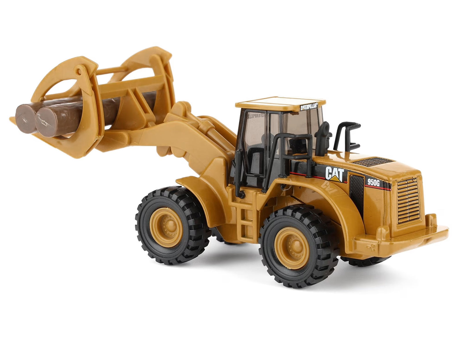 CAT Caterpillar 950G Wheel Loader Yellow with Log Fork and Wood Log Accessories 1/87 (HO) Diecast Model by Diecast Masters
