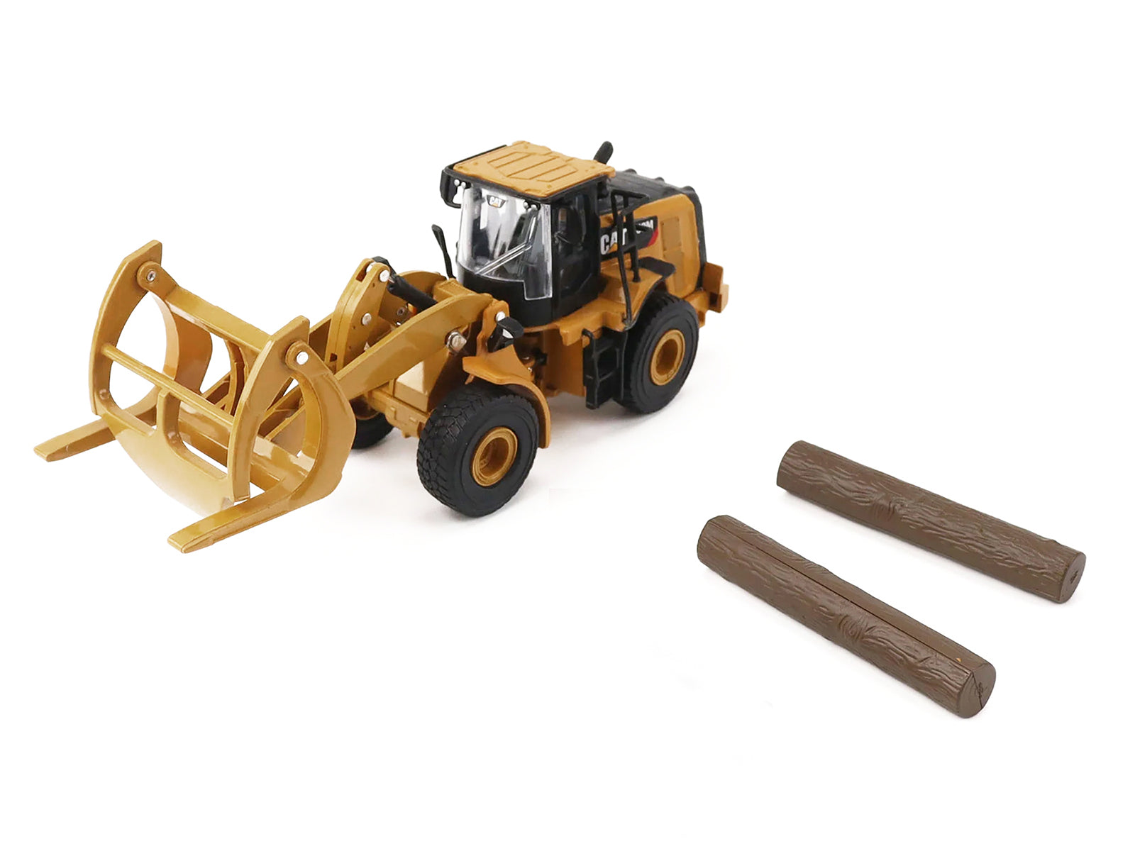 CAT Caterpillar 950M Wheel Loader Yellow with Log fork and Wood Log 1/64 Diecast Model by Diecast Master