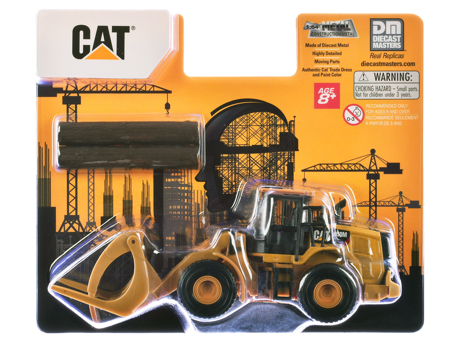 CAT Caterpillar 950M Wheel Loader Yellow with Log fork and Wood Log 1/64 Diecast Model by Diecast Master