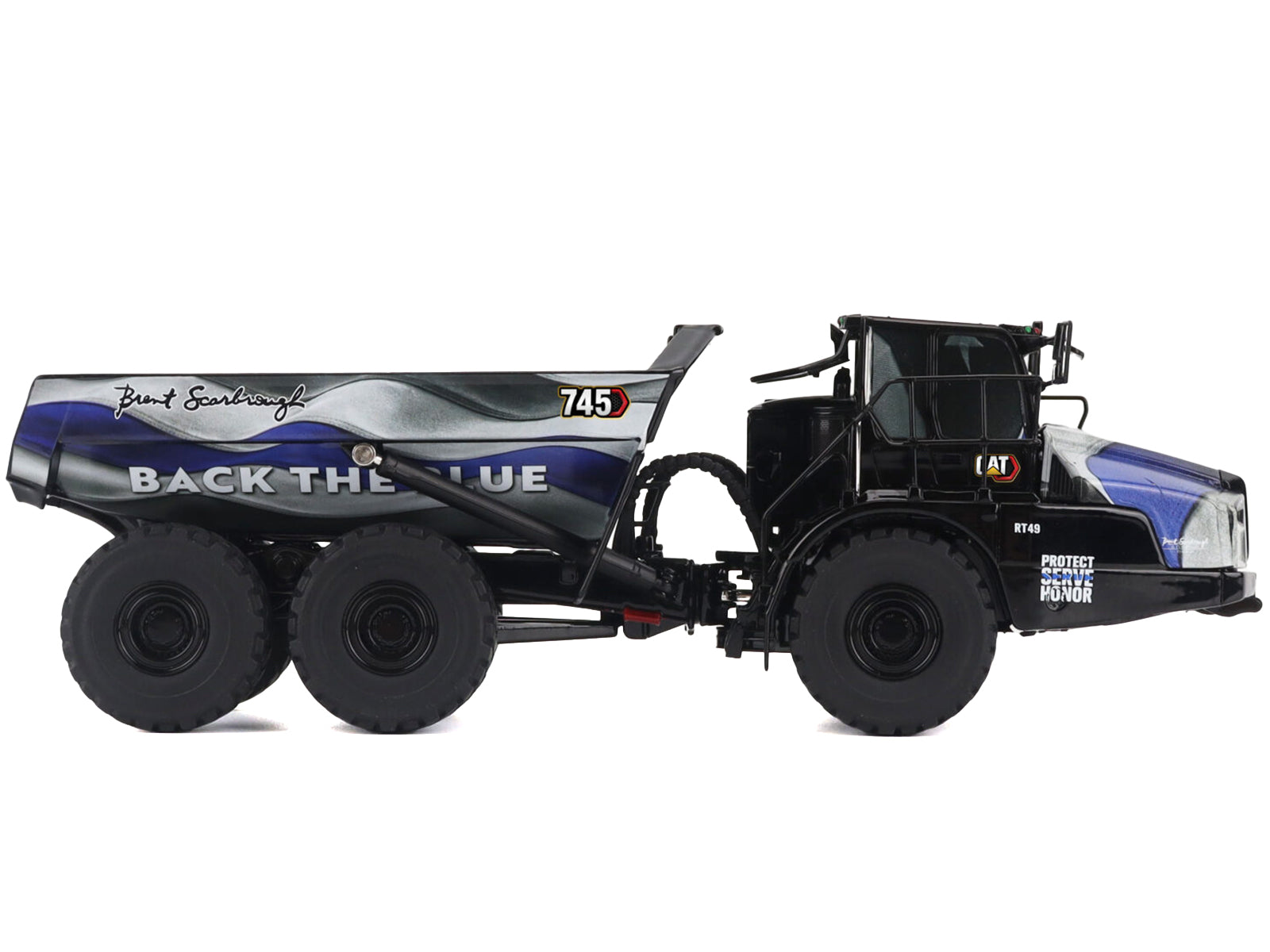 CAT Caterpillar 745 Articulated Dump Truck "Brent Scarbrough & Co. - Back the Blue" Black with Graphics "High Line" Series 1/50 Diecast Model by Diecast Masters