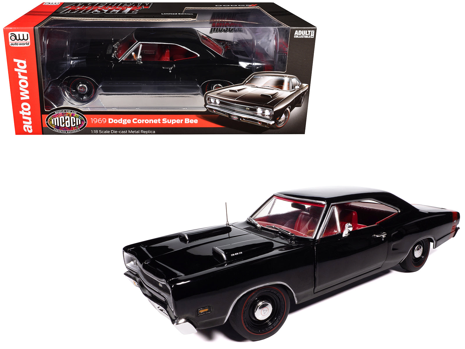 1969 Dodge Coronet Super Bee "Muscle Car & Corvette Nationals" (MCACN) Black with Red Interior "American Muscle" Series 1/18 Diecast Model Car by Auto World