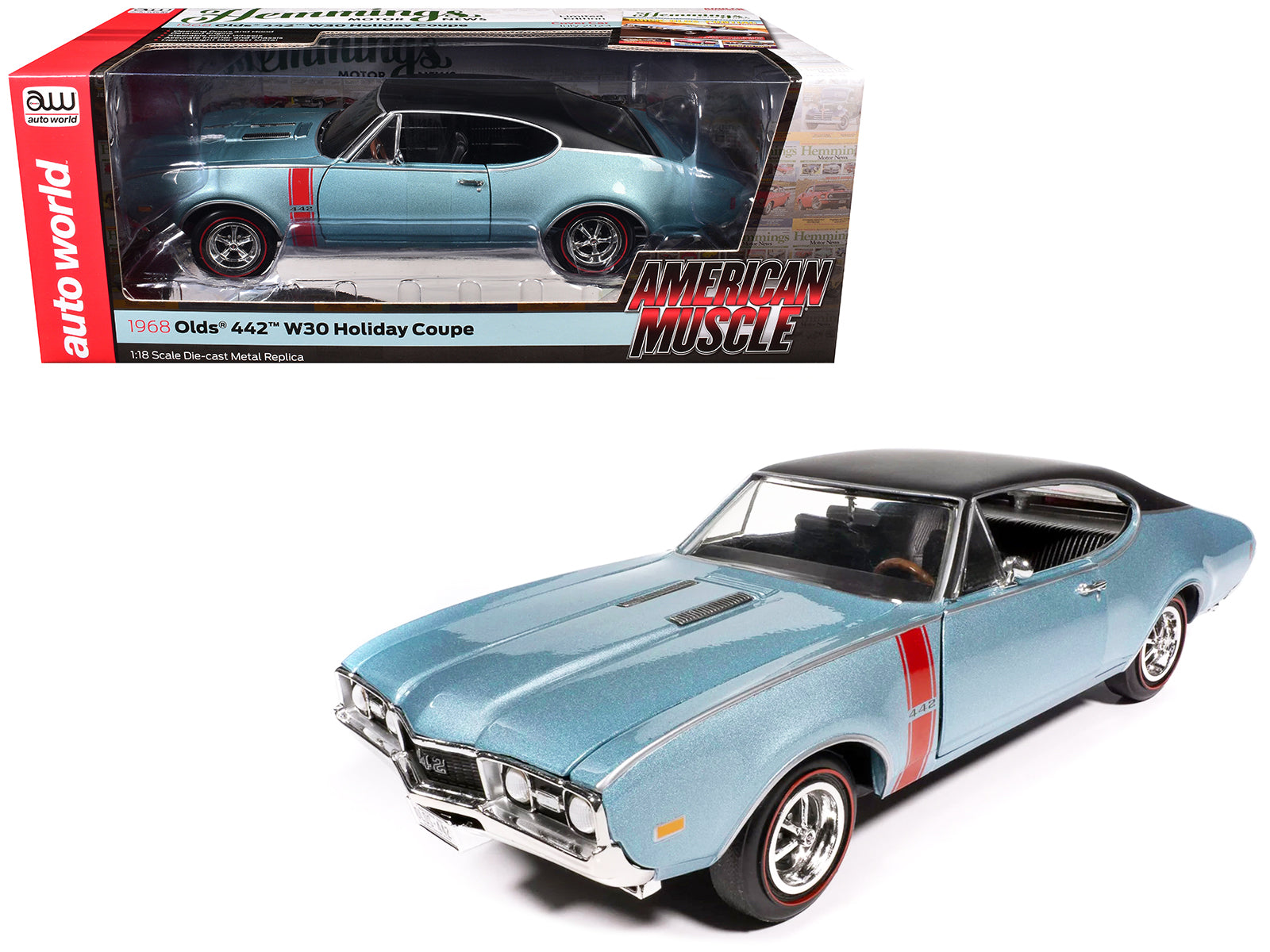 1968 Oldsmobile 442 W30 Holiday Coupe Teal Frost Metallic with Red Stripes and Black Vinyl Top "Hemmings Motor News July 2023 Cover Car" "American Muscle" Series 1/18 Diecast Model Car by Auto World