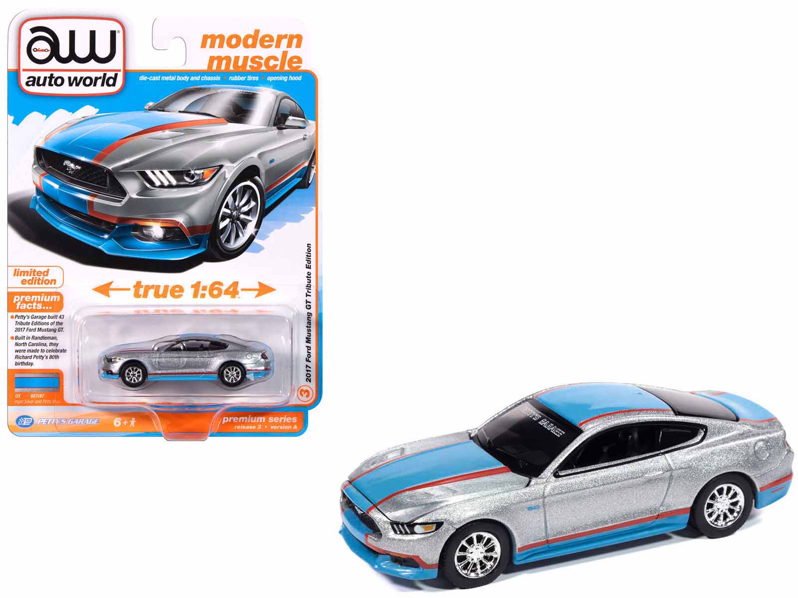 2017 Ford Mustang GT Tribute Edition "Petty's Garage" Ingot Silver Metallic with Petty Blue and Red Stripes "Modern Muscle" Series 1/64 Diecast Model Car by Auto World