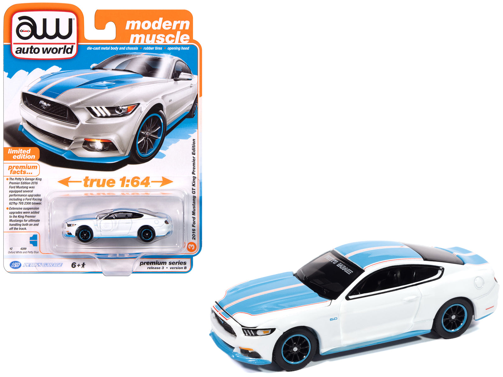 2016 Ford Mustang GT King Premier Edition "Petty's Garage" Oxford White with Petty Blue Stripes "Modern Muscle" Series 1/64 Diecast Model Car by Auto World