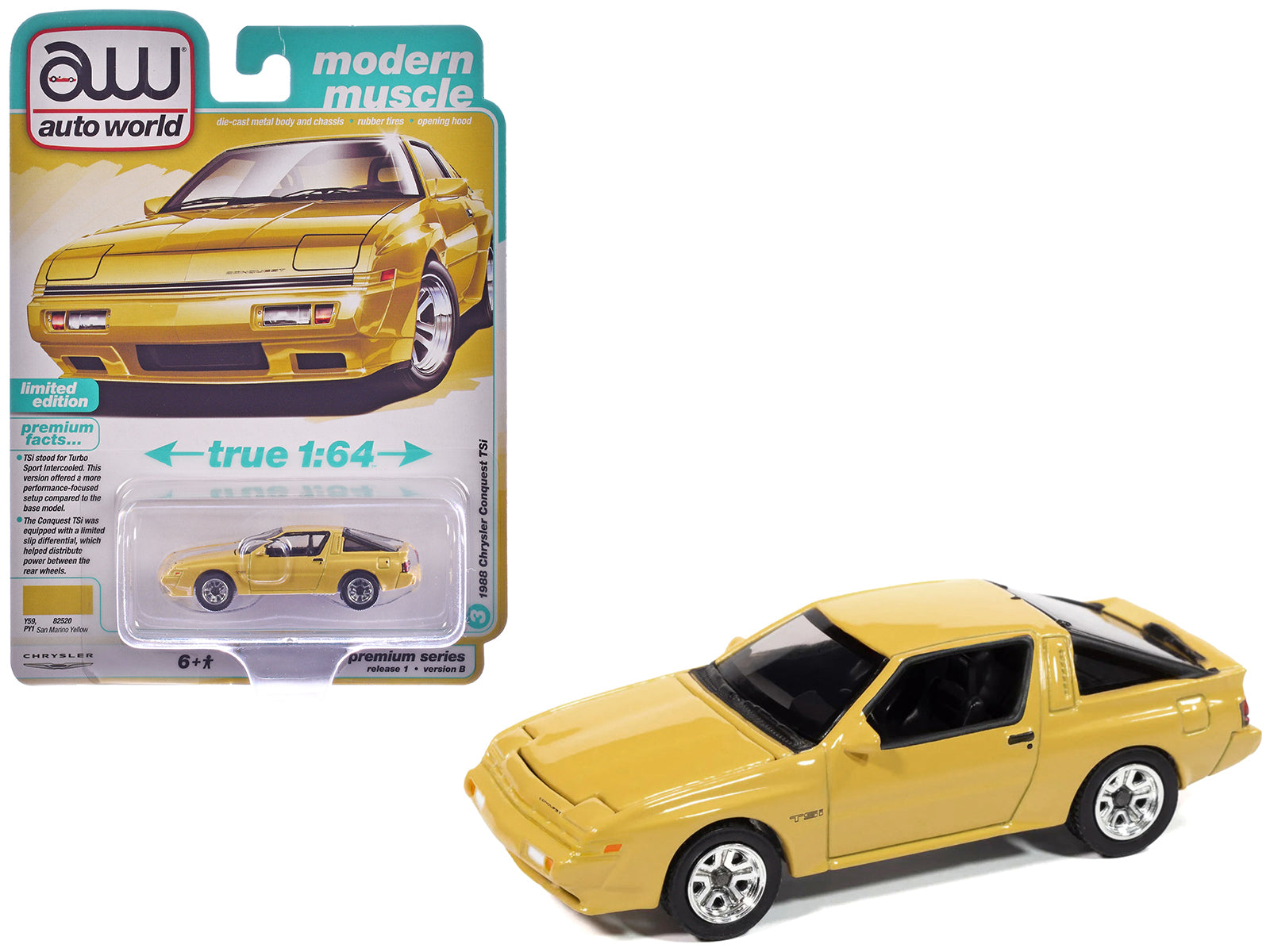 1988 Chrysler Conquest TSi San Marino Yellow "Modern Muscle" Series 1/64 Diecast Model Car by Auto World