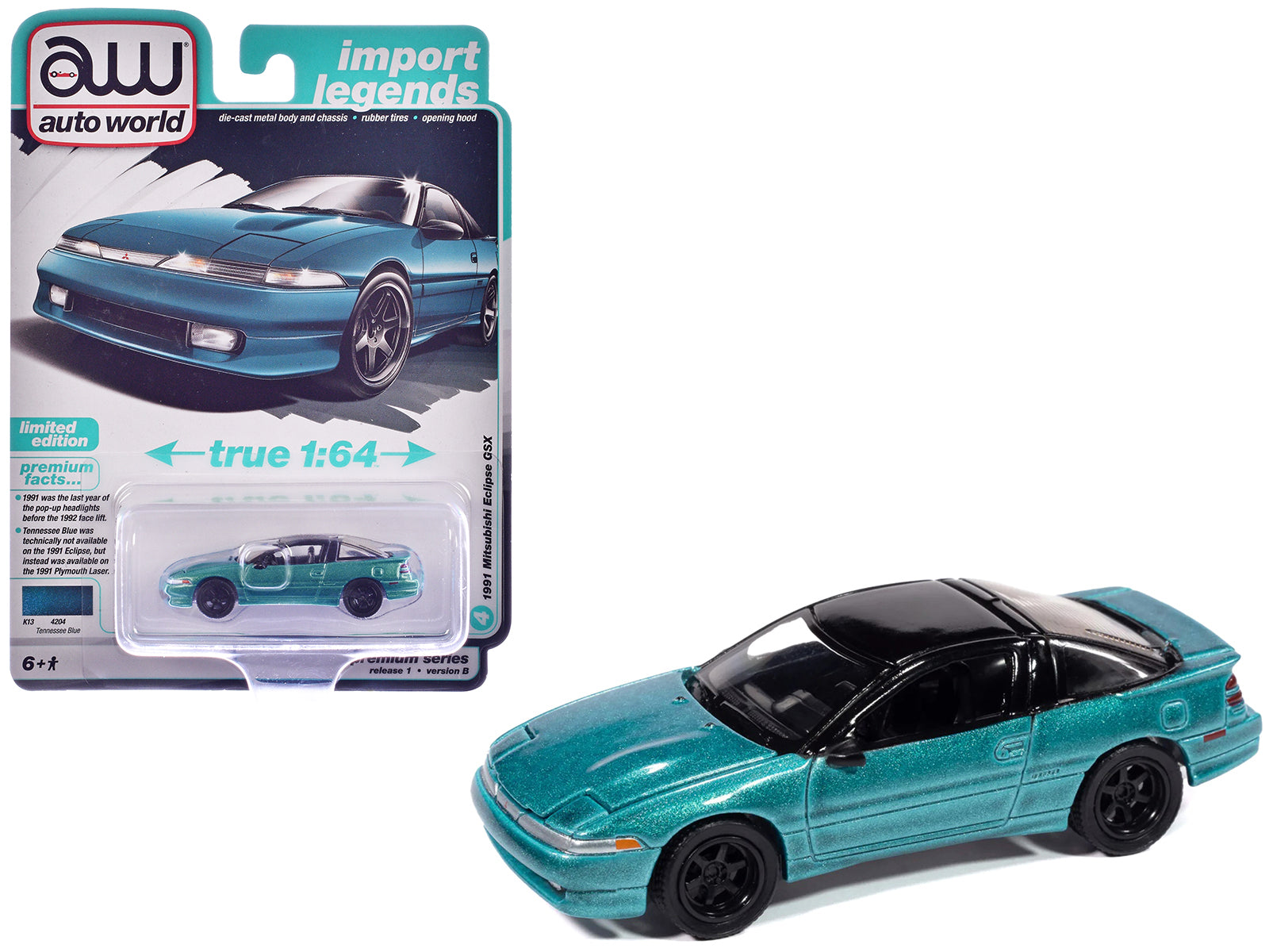 1991 Mitsubishi Eclipse GSX Tennessee Blue Metallic with Black Top "Import Legends" Series 1/64 Diecast Model Car by Auto World
