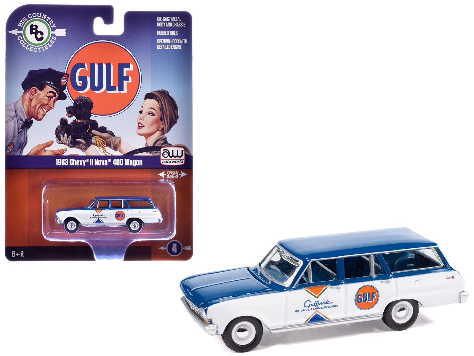 1963 Chevrolet II Nova 400 Wagon "Gulf" Blue and White with Blue Interior "Big Country Collectibles" 2025 Series 1/64 Diecast Model Car by Auto World