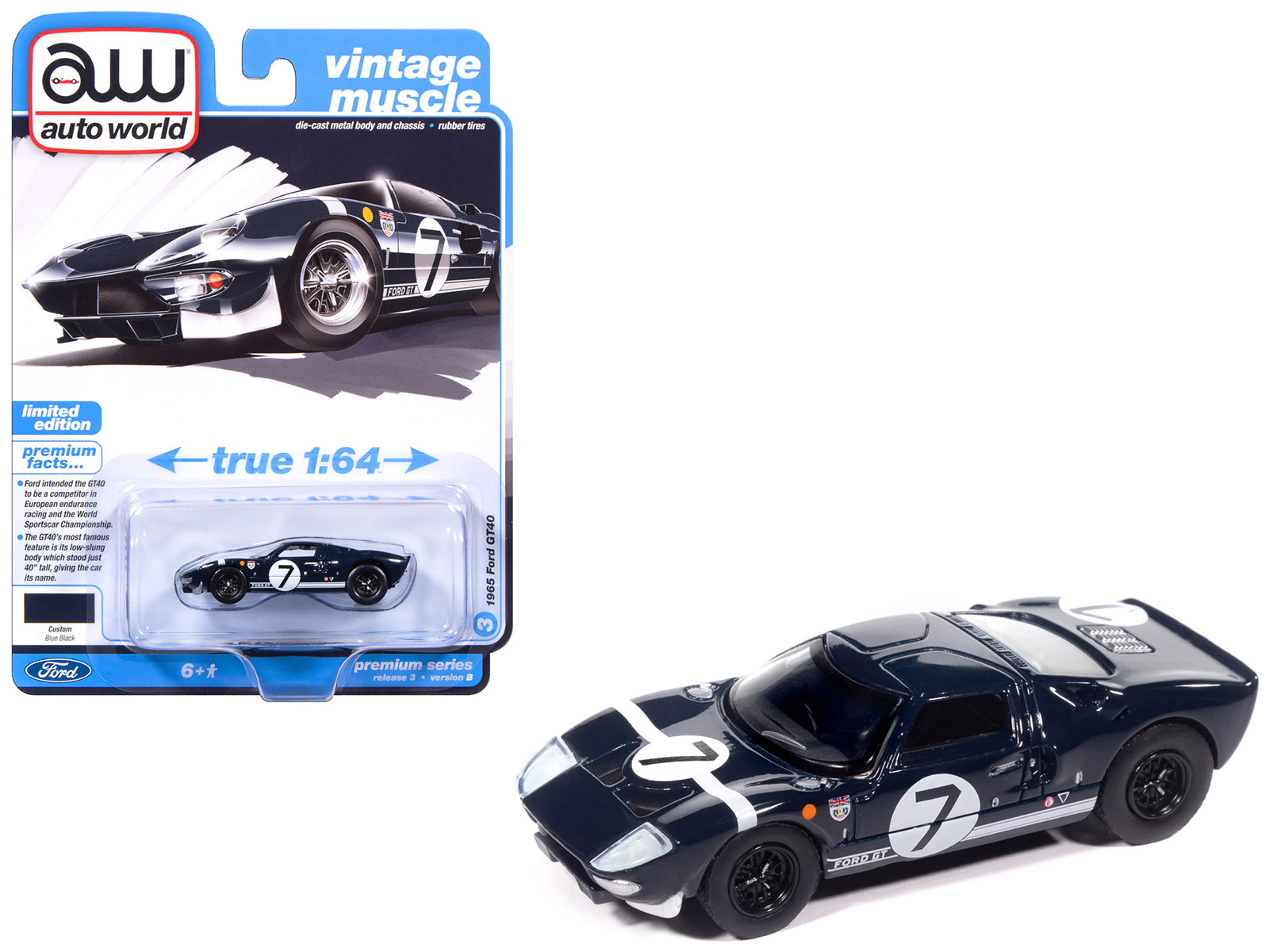 1965 Ford GT40 #7 Blue Black with White Stripes "Vintage Muscle" Series 1/64 Diecast Model Car by Auto World