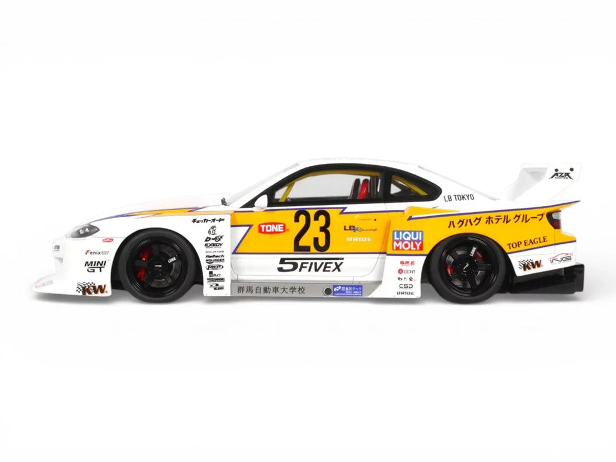 2021 Nissan Silvia (S15) LB-Super Silhouette RHD (Right Hand Drive) #23 White with Yellow Stripes 1/18 Model Car by GT Spirit