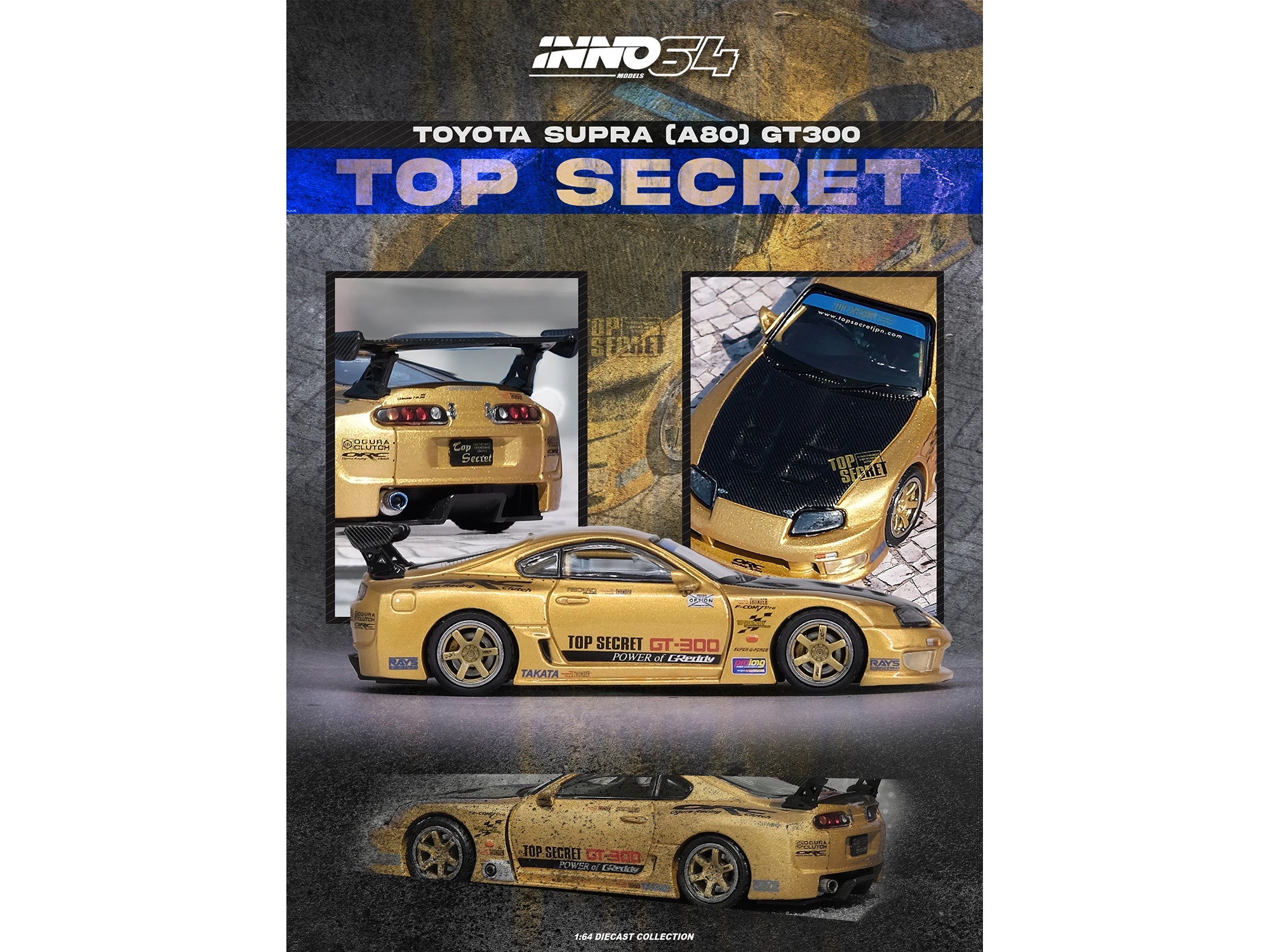 Toyota Supra (A80) "Top Secret" GT300 RHD (Right Hand Drive) Gold Metallic with Carbon Hood 1/64 Diecast Model Car by Inno Models