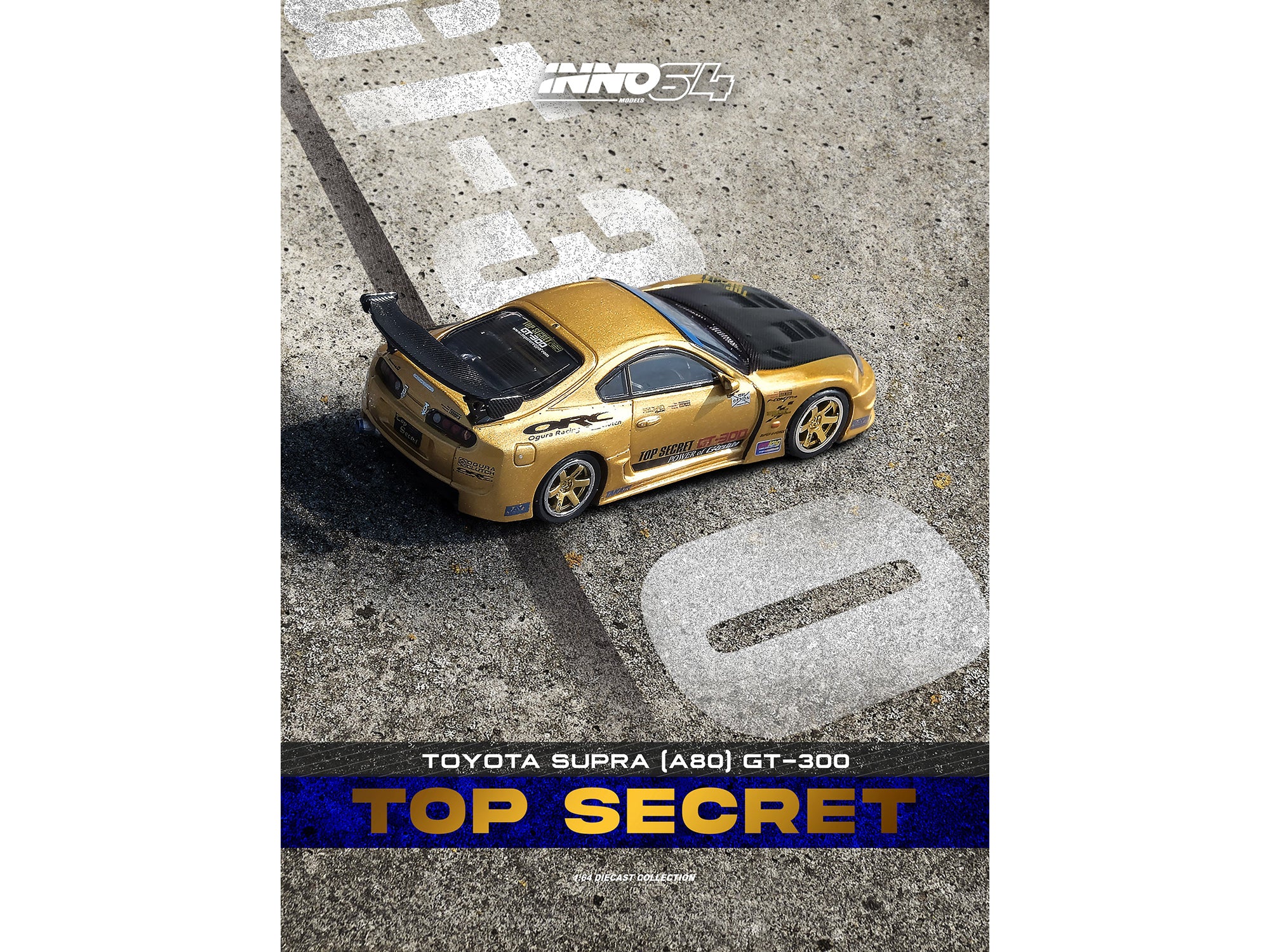 Toyota Supra (A80) "Top Secret" GT300 RHD (Right Hand Drive) Gold Metallic with Carbon Hood 1/64 Diecast Model Car by Inno Models