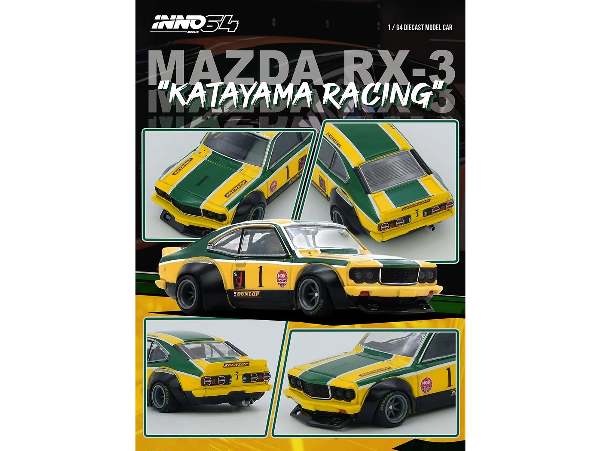 Mazda RX-3 Savanna RHD (Right Hand Drive) #1 "Katayama Racing Livery" Green and Yellow Striped 1/64 Diecast Model Car by Inno Models