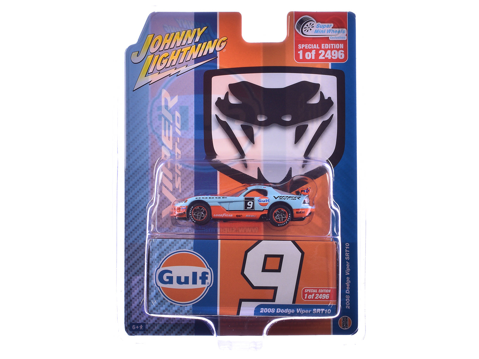 2008 Dodge Viper SRT10 #9 "Gulf Oil" Light Blue and Orange Limited Edition to 2496 pieces Worldwide 1/64 Diecast Model Car by Johnny Lightning