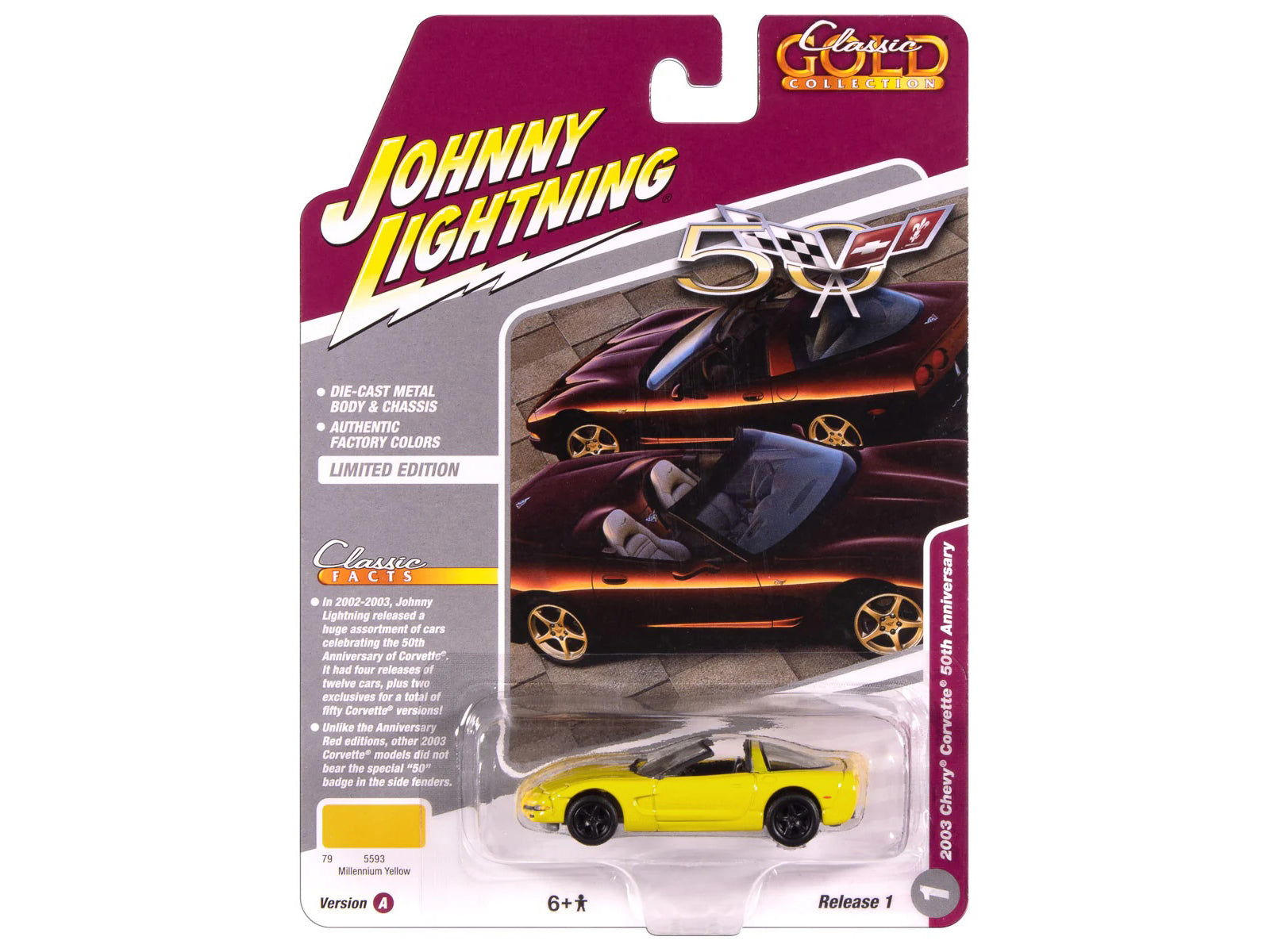 2003 Chevrolet Corvette Convertible "50th Anniversary" Millennium Yellow "Classic Gold Collection" 1/64 Diecast Model Car by Johnny Lightning