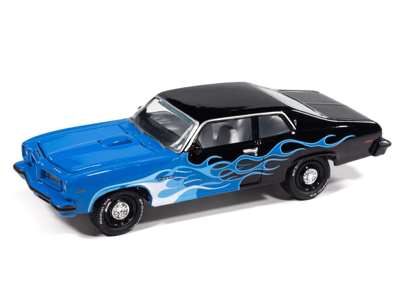 1974 Pontiac GTO Black and Blue with Blue Flame Graphics with White Interior "Black with Flames" Series 1/64 Diecast Model Car by Johnny Lightning