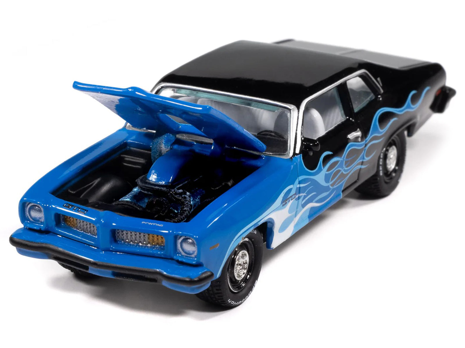 1974 Pontiac GTO Black and Blue with Blue Flame Graphics with White Interior "Black with Flames" Series 1/64 Diecast Model Car by Johnny Lightning