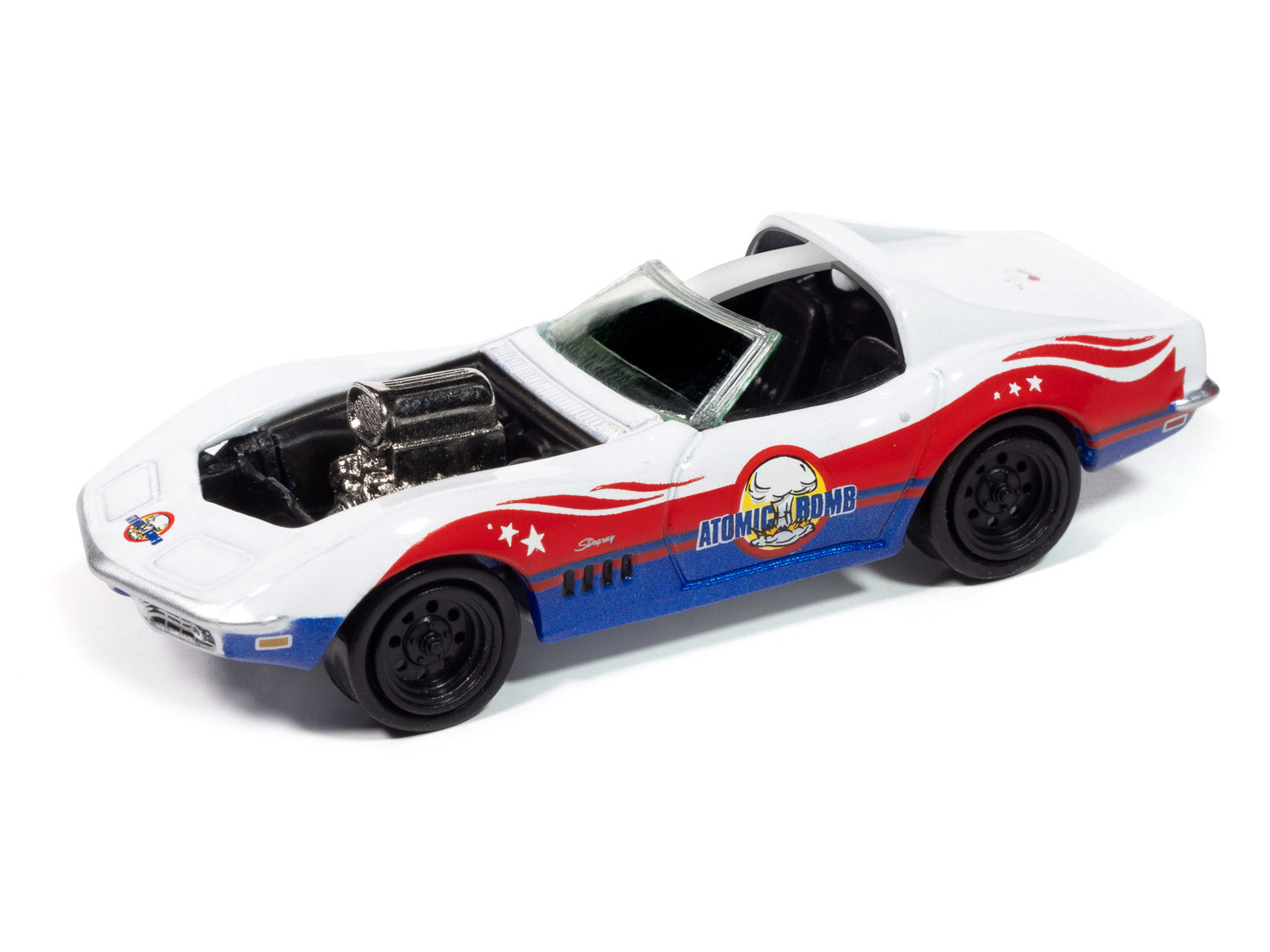 1969 Chevrolet Corvette "Atomic Bomb" White with Red and Blue Graphics "Stuntman Mike's Ride Along Racing" "Pop Culture" 2025 Release 1 1/64 Diecast Model Car by Johnny Lightning
