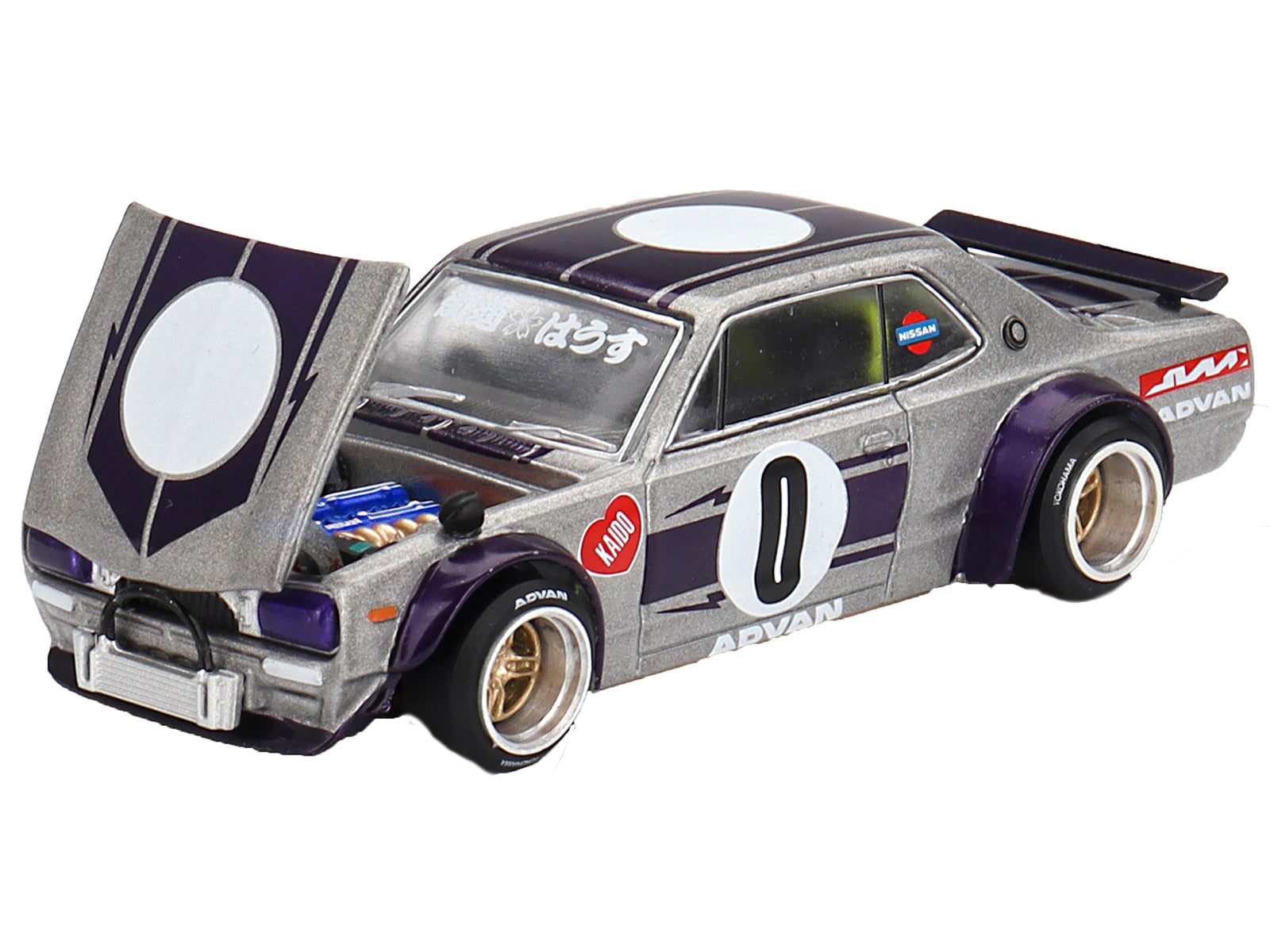 Nissan Skyline 2000GT-R (KPGC10) "Kaido Works V1" RHD (Right Hand Drive) #0 Silver Metallic with Purple Stripes (Designed by Jun Imai) "Kaido House" Special 1/64 Diecast Model Car by Mini GT