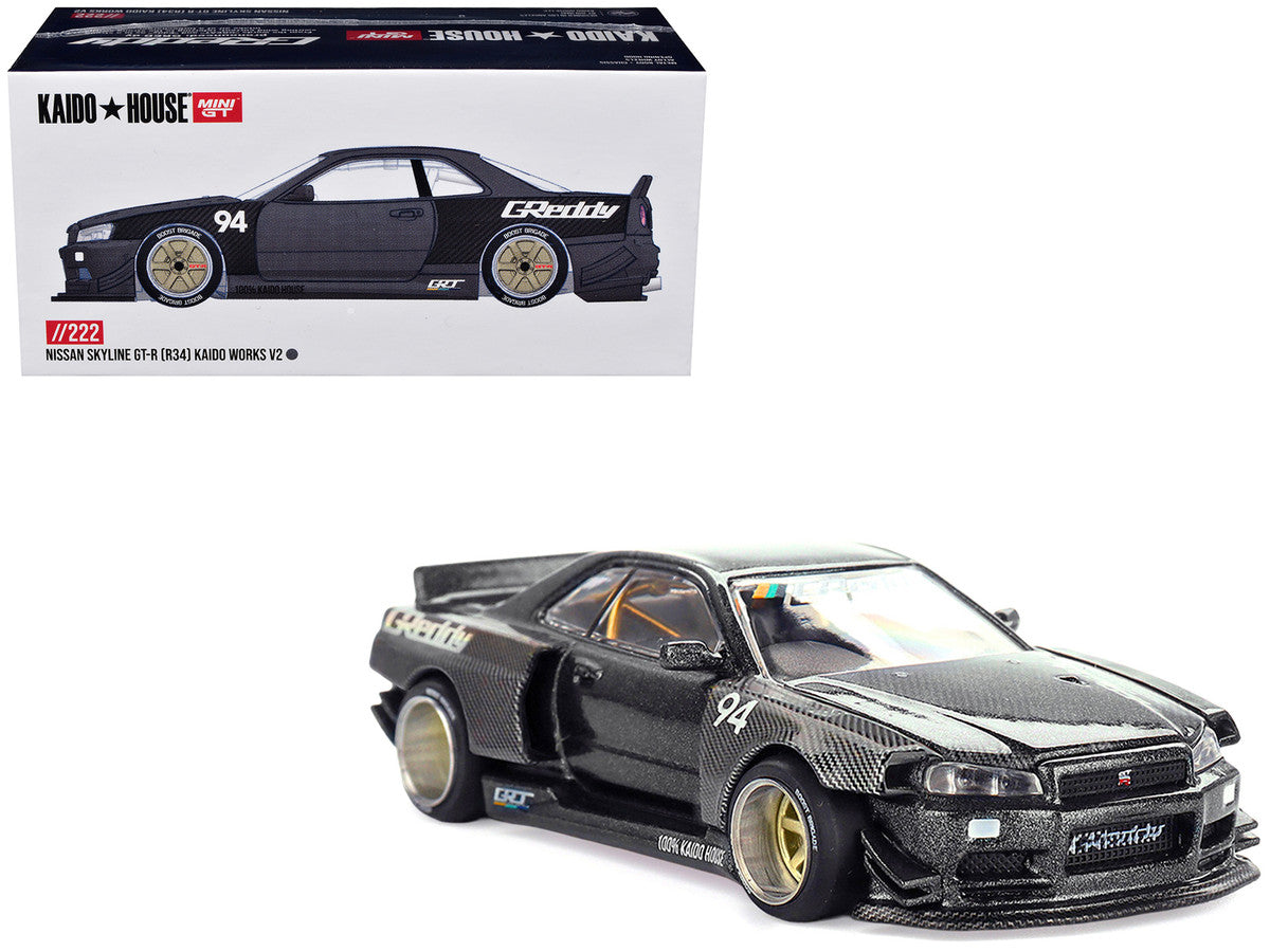 Nissan Skyline GT-R (R34) RHD (Right Hand Drive) #94 "Kaido Works GReddy V2" Carbon Fiber and Dark Gray Metallic (Designed by Jun Imai) "Kaido House" Special 1/64 Diecast Model Car by Mini GT