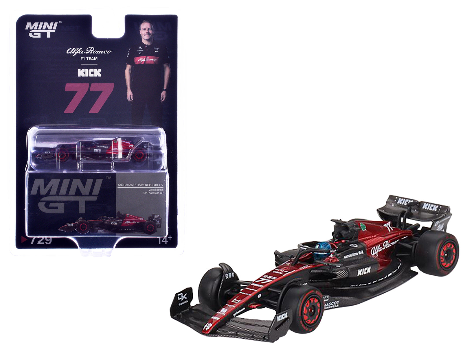 Alfa Romeo C43 #77 Valtteri Bottas "Alfa Romeo F1 Team Kick" Formula One F1 "Australian GP" (2023) Limited Edition 1/64 Diecast Model Car by Mini GT