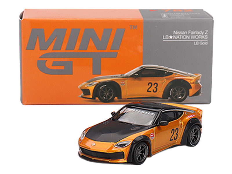 Nissan Fairlady Z #23 "LB-NATION WORKS" LB Gold Metallic with Matt Black Hood and Black Top Limited Edition 1/64 Diecast Model Car by Mini GT