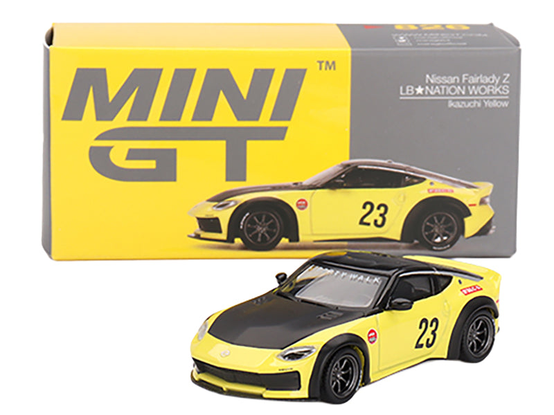 Nissan Z "LB-Nation Works" #23 Ikazuchi Yellow with Black Hood and Top Limited Edition 1/64 Diecast Model Car by Mini GT