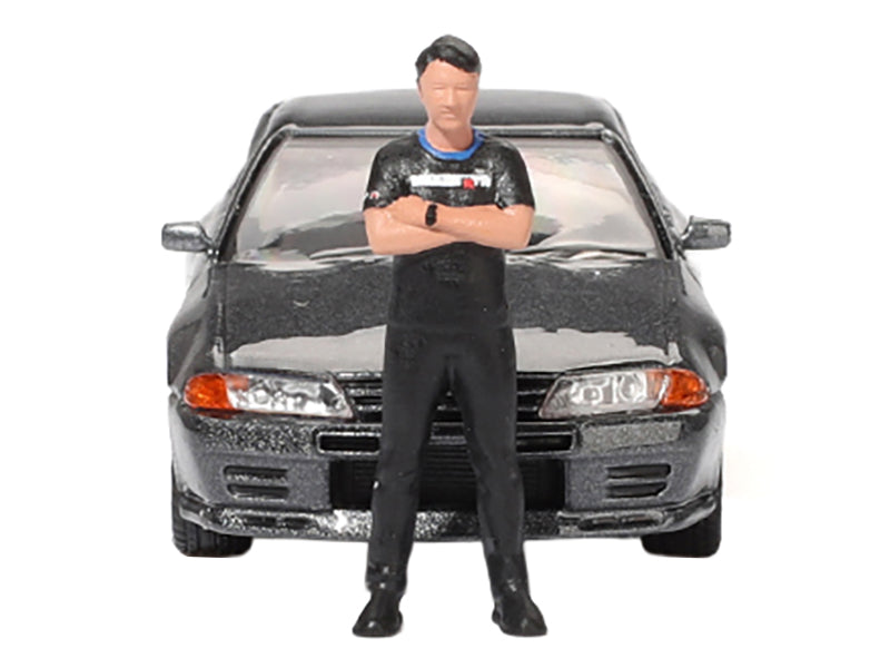 Nissan Skyline GT-R (R32) RHD (Right Hand Drive) Gunmetal Gray Metallic with Tsugio Matsuda Figure Limited Edition 1/64 Diecast Model Car by Mini GT