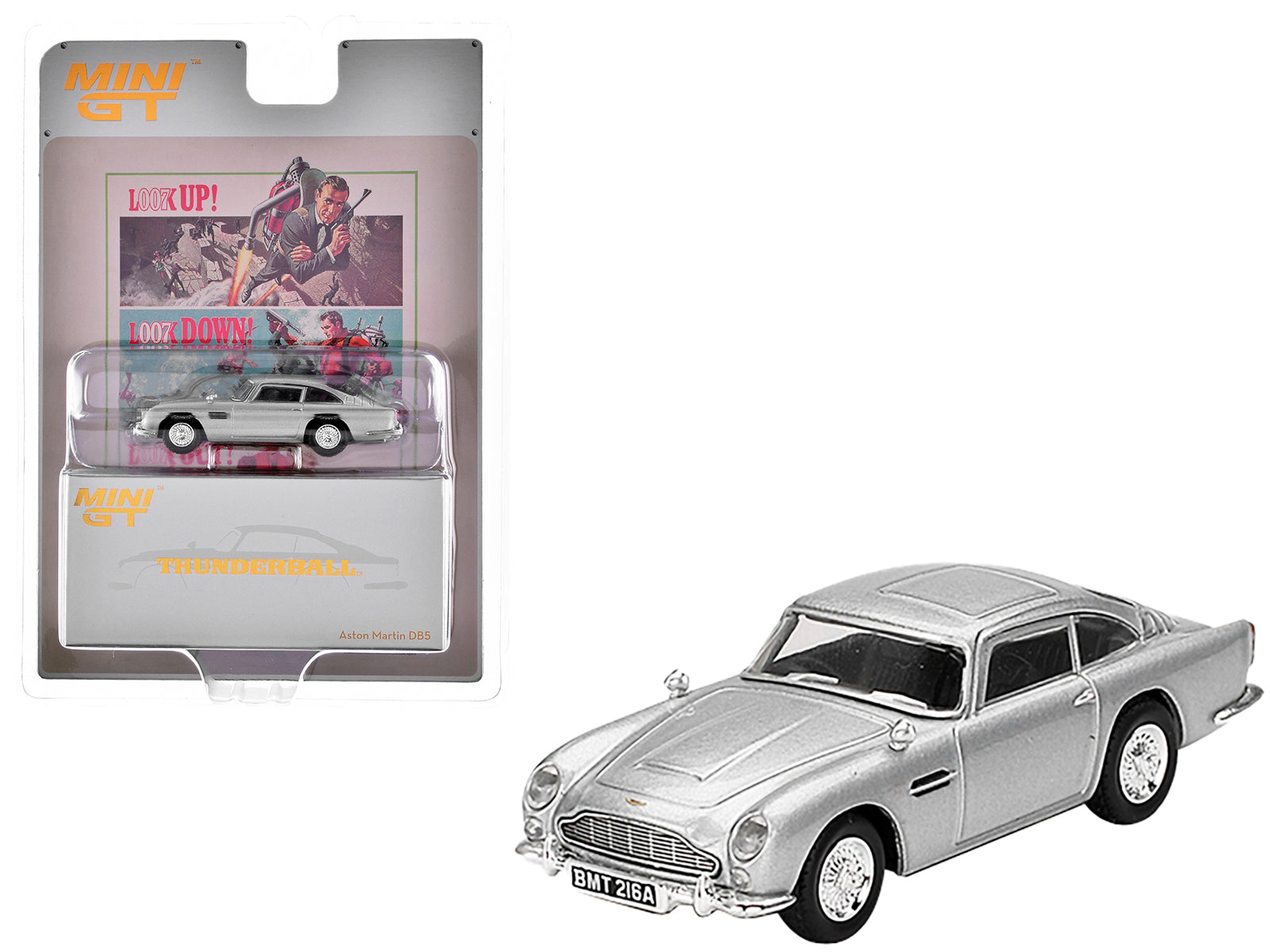 Aston Martin DB5 RHD (Right Hand Drive) Birch Silver Metallic 007 James Bond "Thunderball" (1965) Movie Limited Edition 1/64 Diecast Model Car by Mini GT