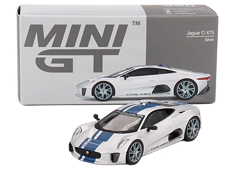 Jaguar C-X75 Silver Metallic with Blue Stripes Limited Edition 1/64 Diecast Model Car by Mini GT