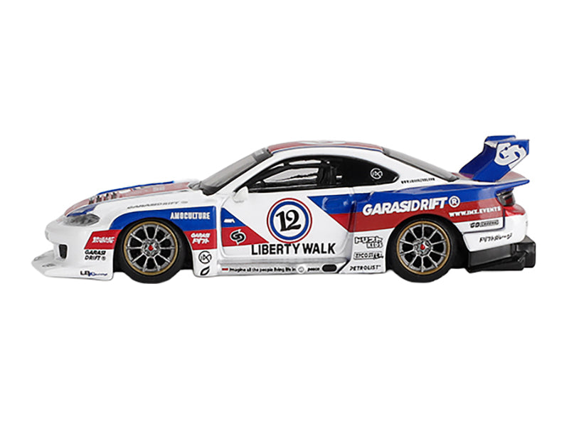 Nissan "LB-Super Silhouette" S15 SILVIA RHD (Right Hand Drive) "GARASIDRIFT x LBWK 2025" White with Blue and Red Stripes Limited Edition 1/64 Diecast Model Car by Mini GT