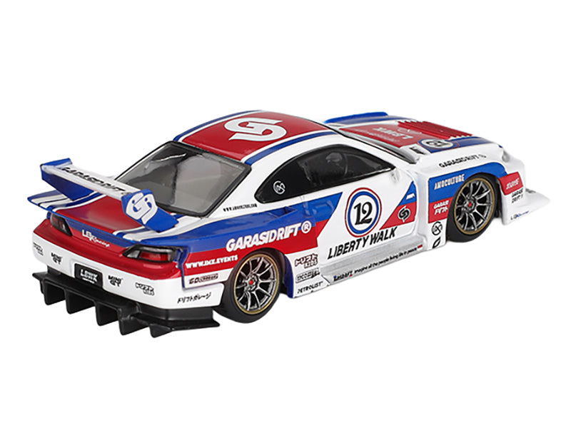 Nissan "LB-Super Silhouette" S15 SILVIA RHD (Right Hand Drive) "GARASIDRIFT x LBWK 2025" White with Blue and Red Stripes Limited Edition 1/64 Diecast Model Car by Mini GT