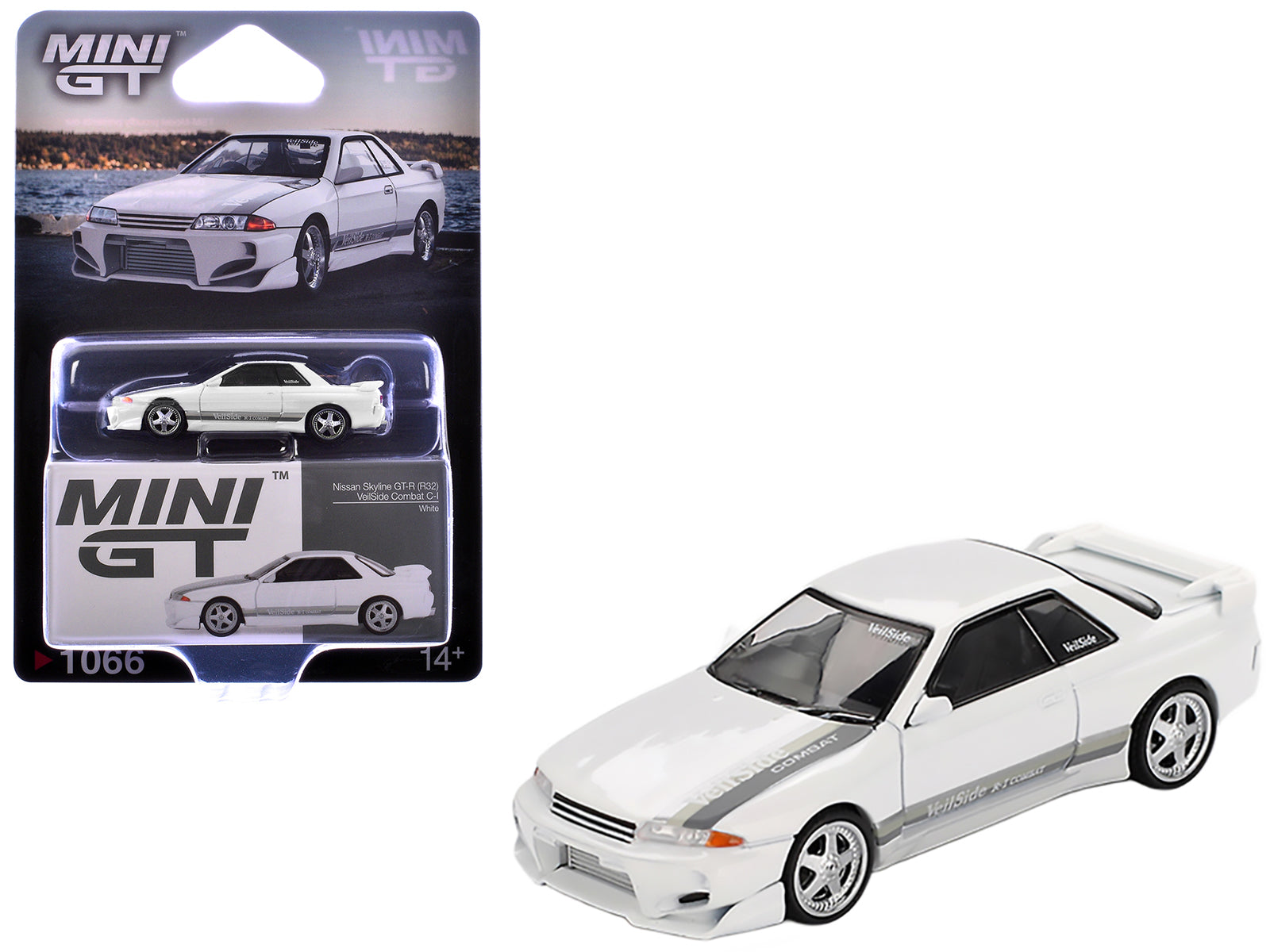 Nissan Skyline GT-R (R32) RHD (Right Hand Drive) "Veilside Combat C-I" White with Gray Stripes Limited Edition 1/64 Diecast Model Car by Mini GT