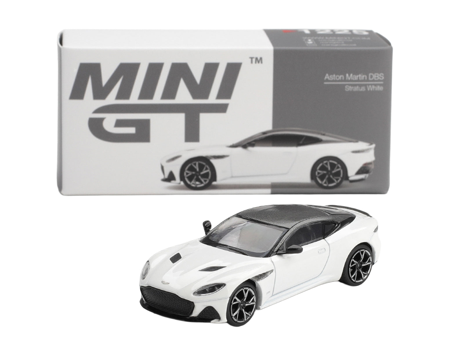Aston Martin DBS RHD (Right Hand Drive) Stratus White with Carbon Top Limited Edition 1/64 Diecast Model Car by Mini GT