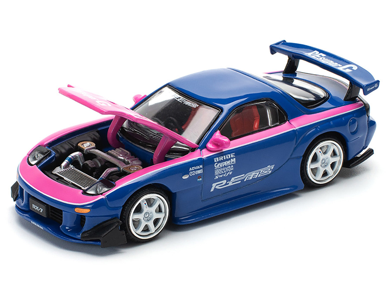 Mazda RX-7 RE-Amemiya Widebody RHD (Right Hand Drive) Blue with Pink Hood and Stripes 1/64 Diecast Model Car by Pop Race