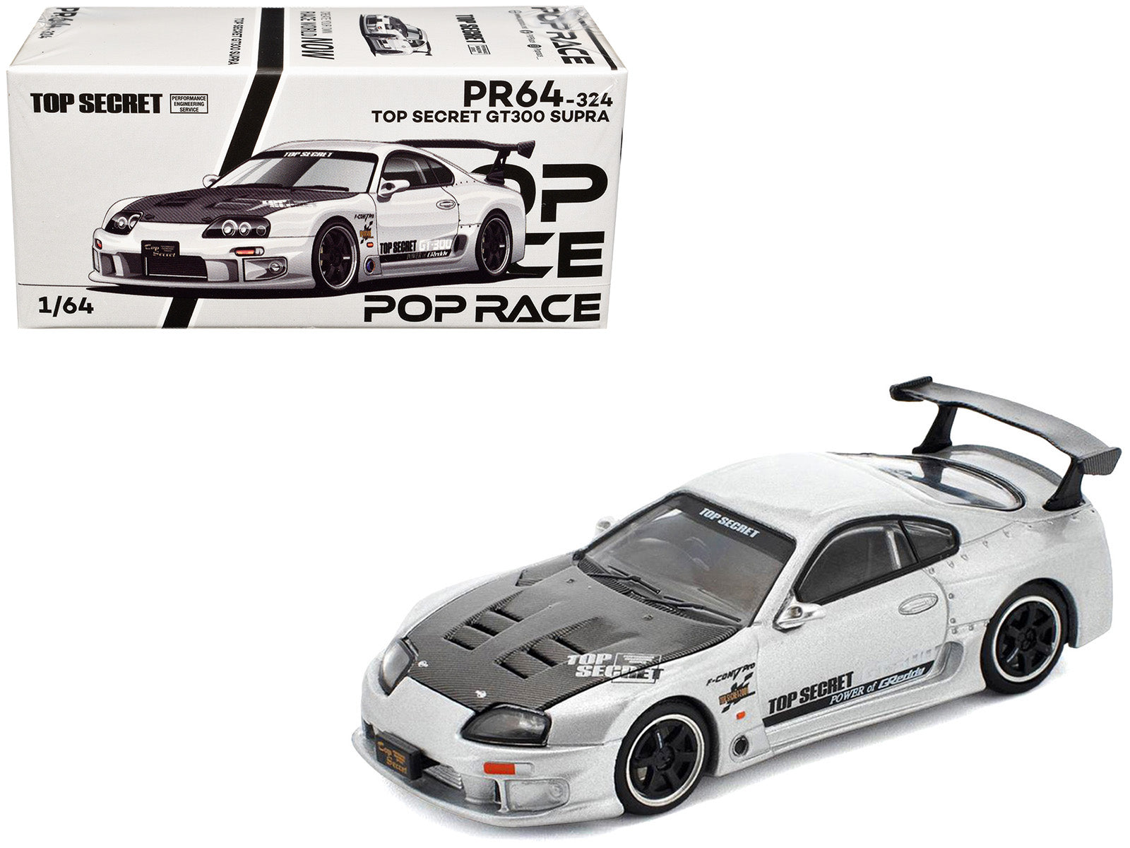 Toyota Supra "Top Secret" GT300 RHD (Right Hand Drive) Silver Metallic with Carbon Hood 1/64 Diecast Model Car by Pop Race