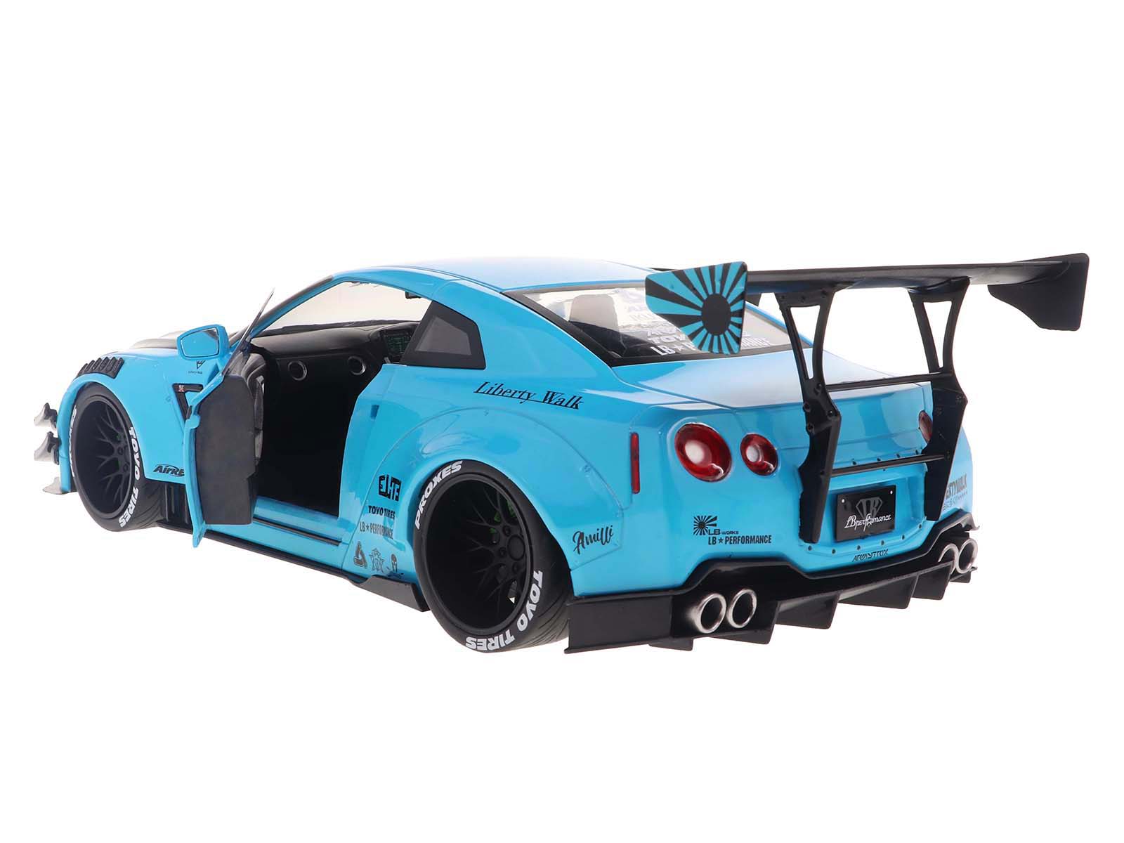 2023 Nissan GT-R (R35) Liberty Walk Body Kit 2.0 RHD (Right Hand Drive) Baby Blue with Carbon Hood 1/18 Diecast Model Car by Solido