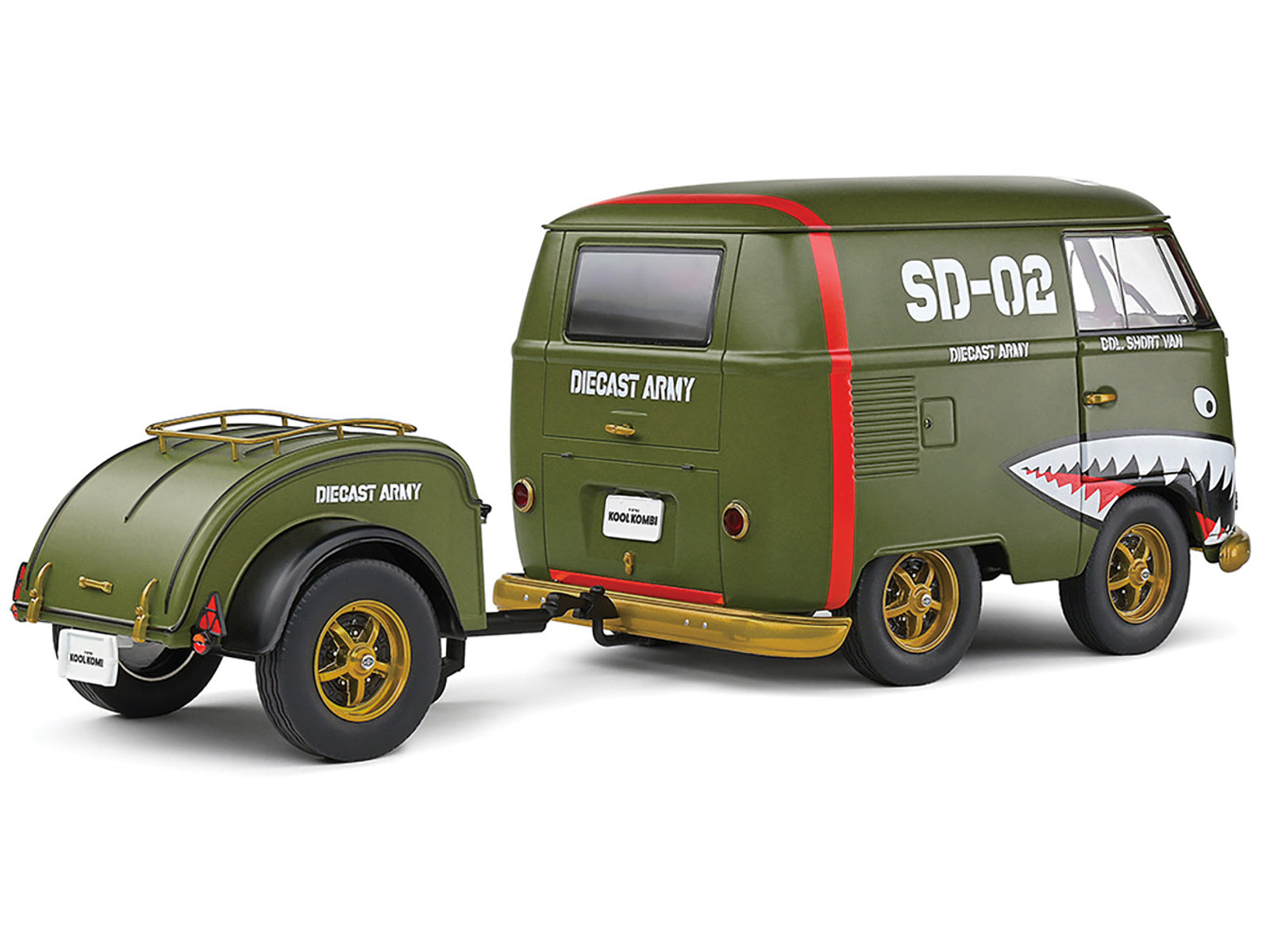 1950 Volkswagen Kool Kombi Van with Trailer "Army Fighter" Green with Graphics 1/18 Diecast Model Car by Solido
